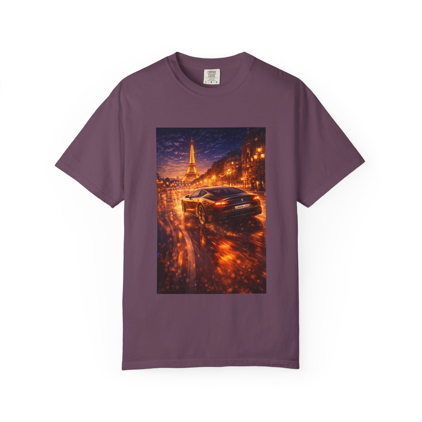 Paris Night Drive T-Shirt — Sports Car in Rainy Cityscape