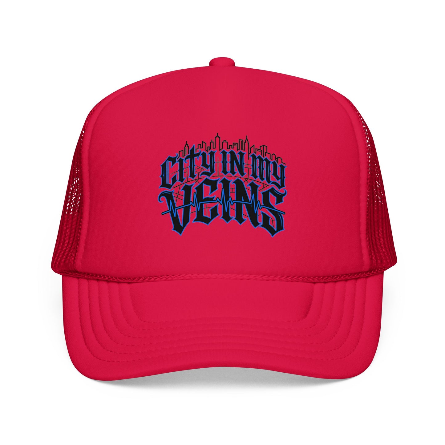 City In My Veins Foam Trucker Hat — Urban Gothic Blue Embroidered Cap