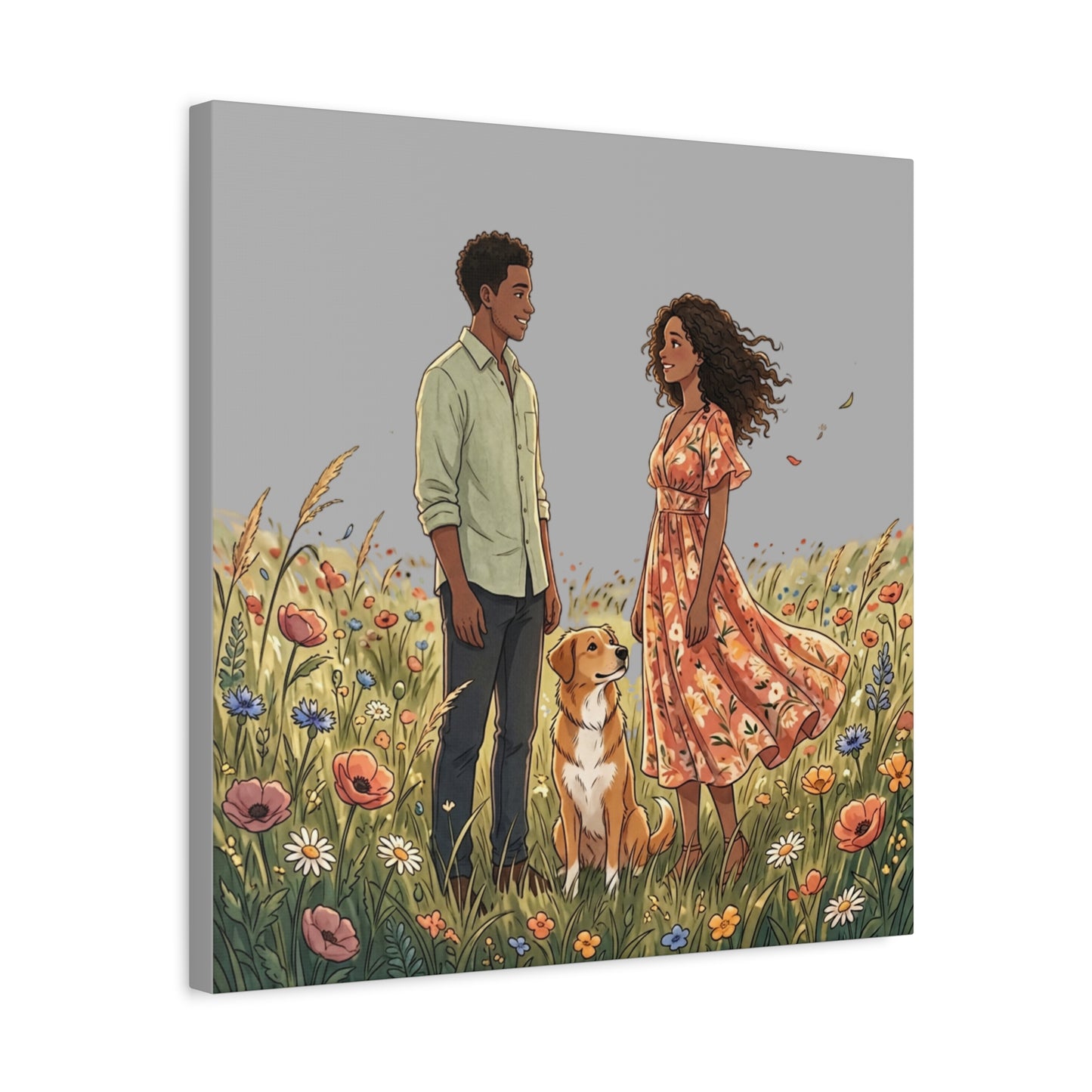 Romantic Couple in Wildflower Field Canvas Art — Black Love Wall Decor with Dog
