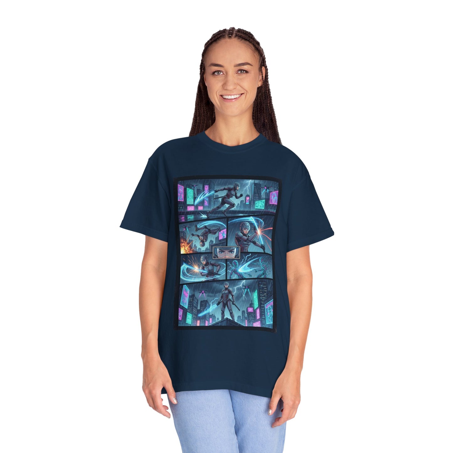 Cyberpunk Girl Samurai T-Shirt — Neon Manga Panel Graphic Tee