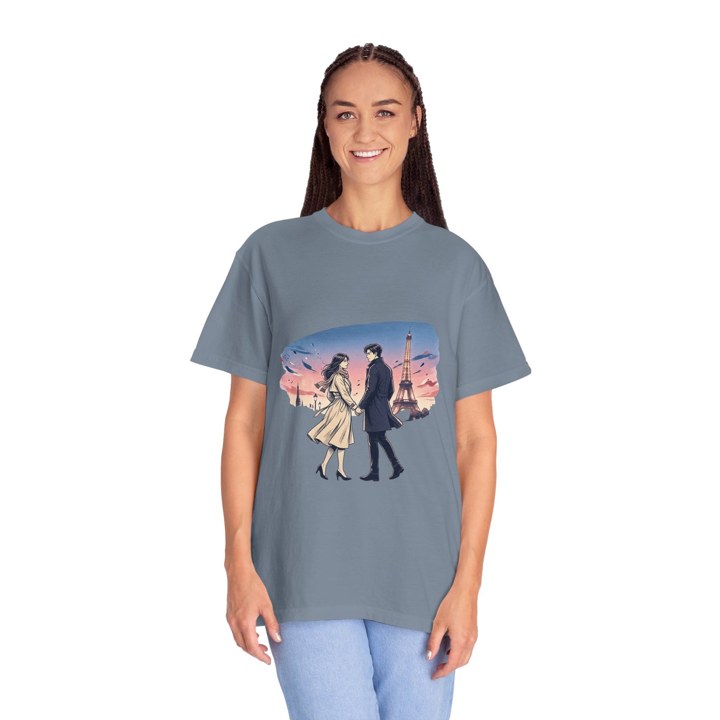 Paris Sunset Romance T-Shirt — Couple Walking by Eiffel Tower Graphic Tee
