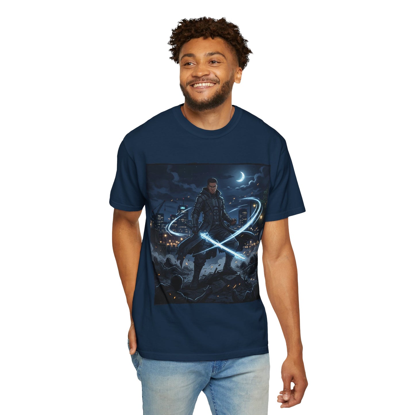 Urban Night Warrior T-Shirt — Neon Samurai Cityscape
