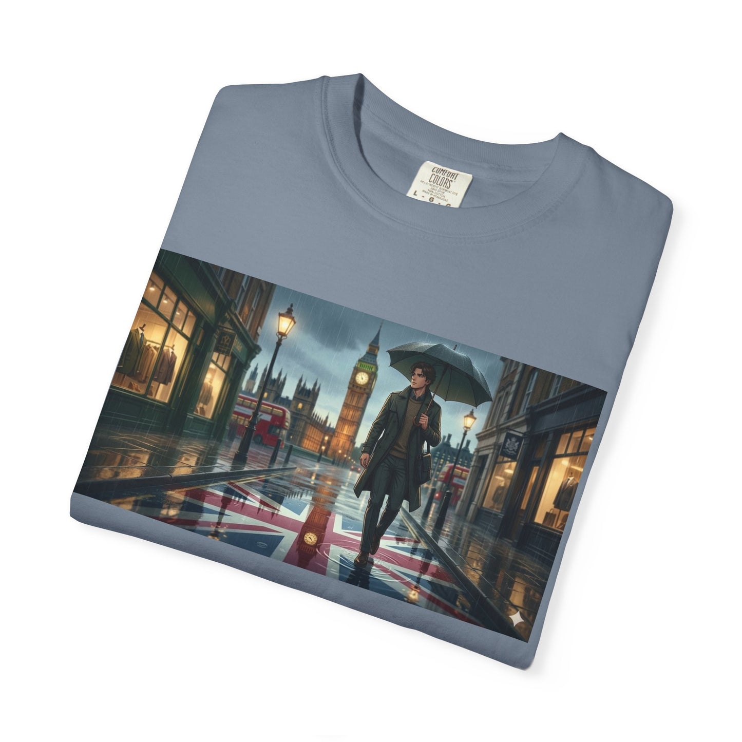 T-Shirt — Rainy London Street Scene Graphic Tee (Big Ben, Umbrella, Night Cityscape)