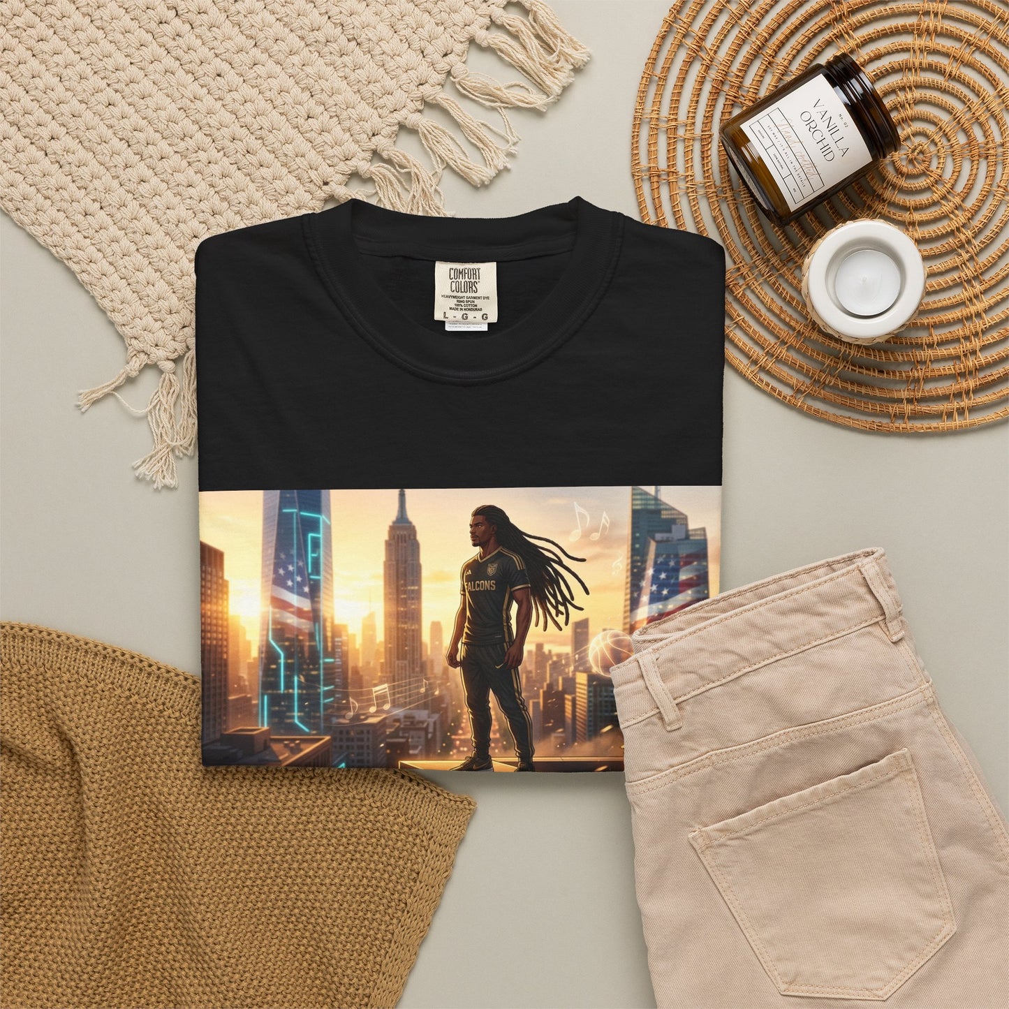 Cyberpunk Cityscape T-Shirt — Silhouette Hero at Sunset