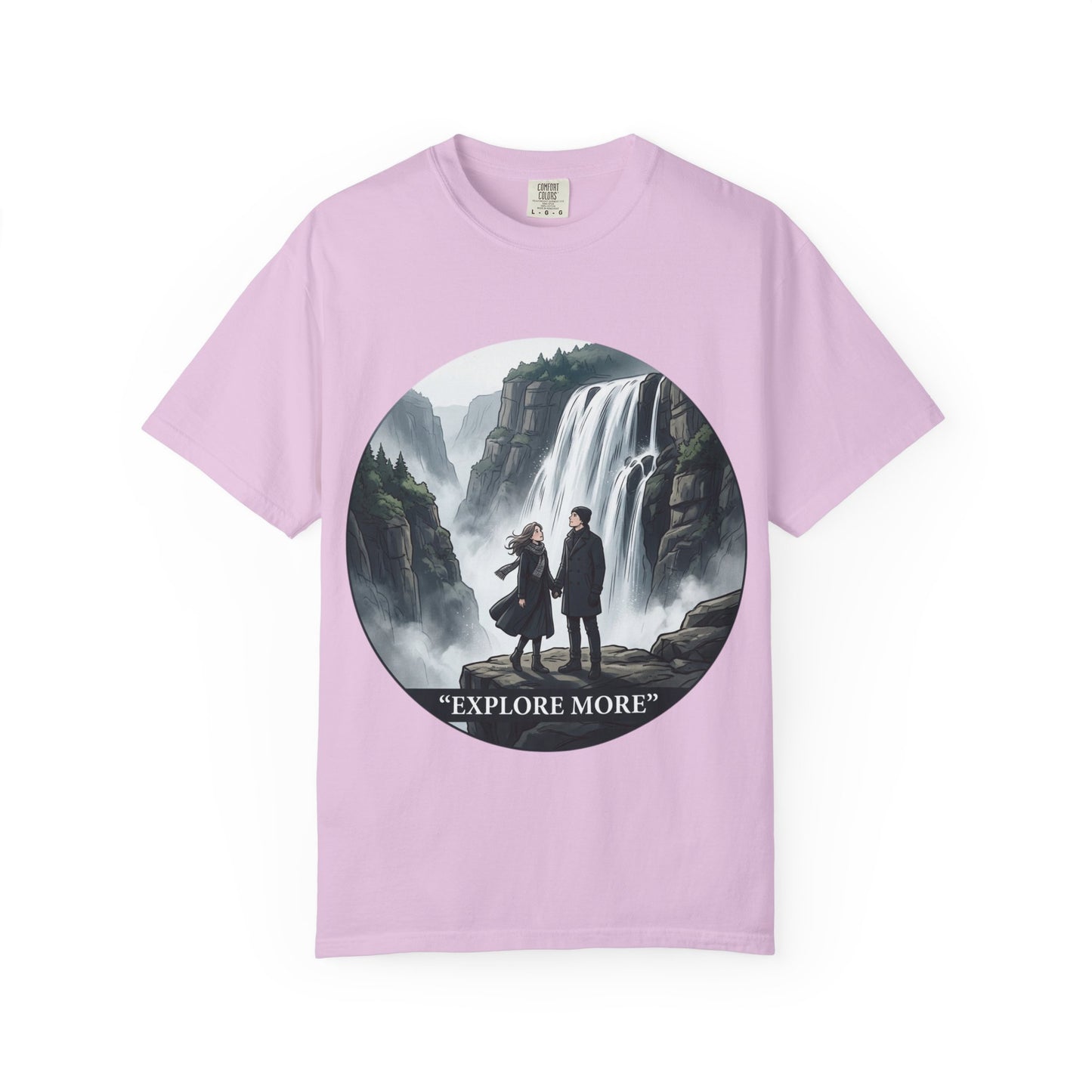 Explore More T-Shirt — Adventure Graphic Tee with Waterfall Scene