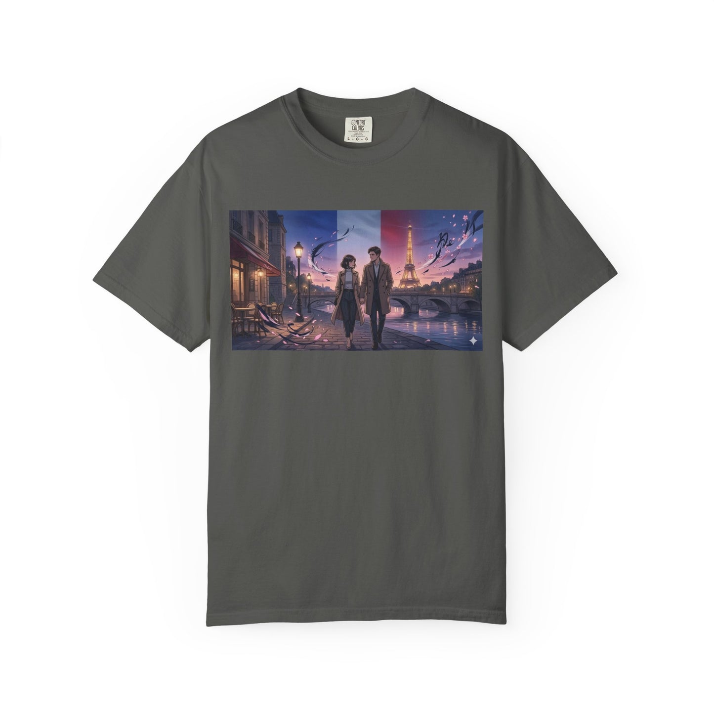 Couple Walking, Eiffel Tower - T-Shirt — Romantic Paris Nightscape Graphic Tee