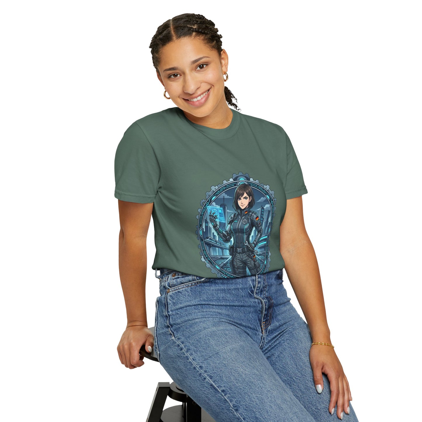 Cyber Ninja Graphic T-Shirt — Futuristic Female Warrior Illustration