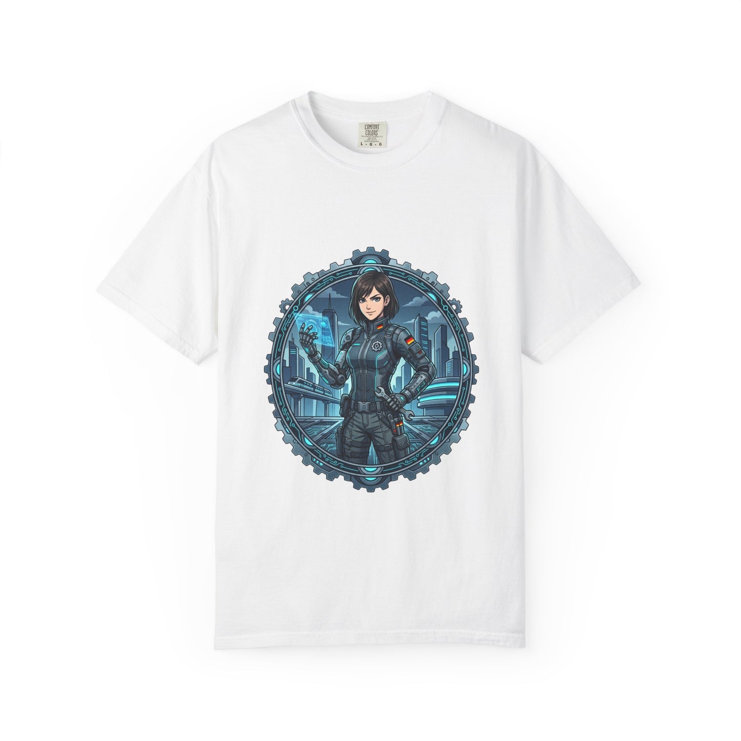 Cyber Ninja Graphic T-Shirt — Futuristic Female Warrior Illustration