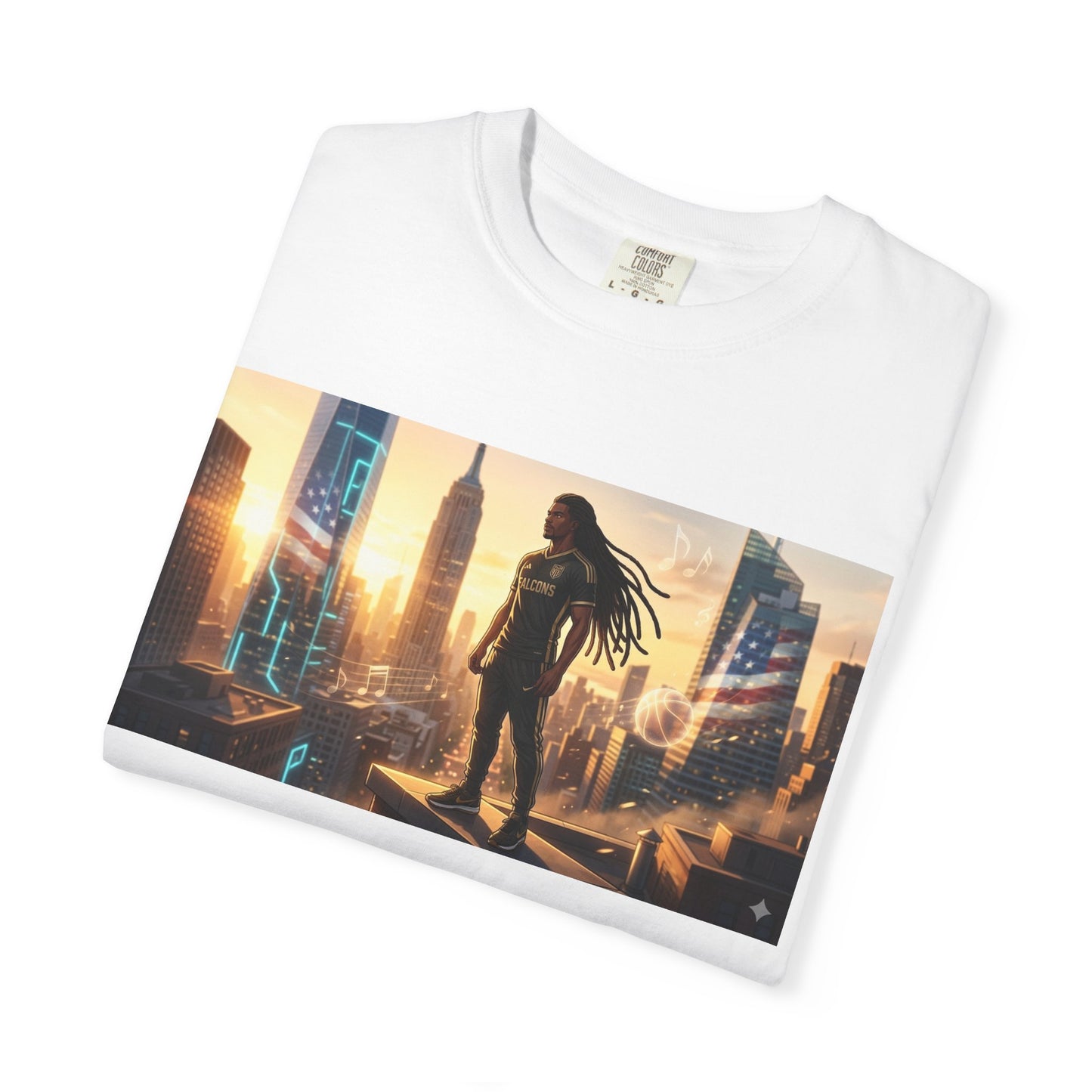 Cyberpunk Cityscape T-Shirt — Silhouette Hero at Sunset