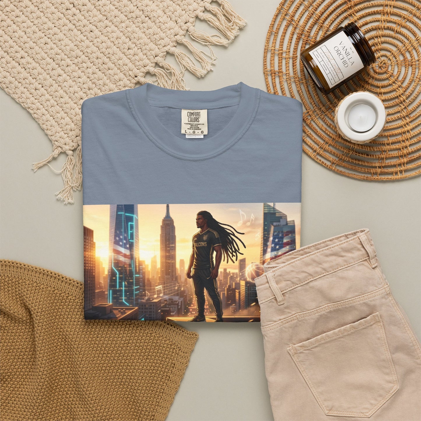 Cyberpunk Cityscape T-Shirt — Silhouette Hero at Sunset