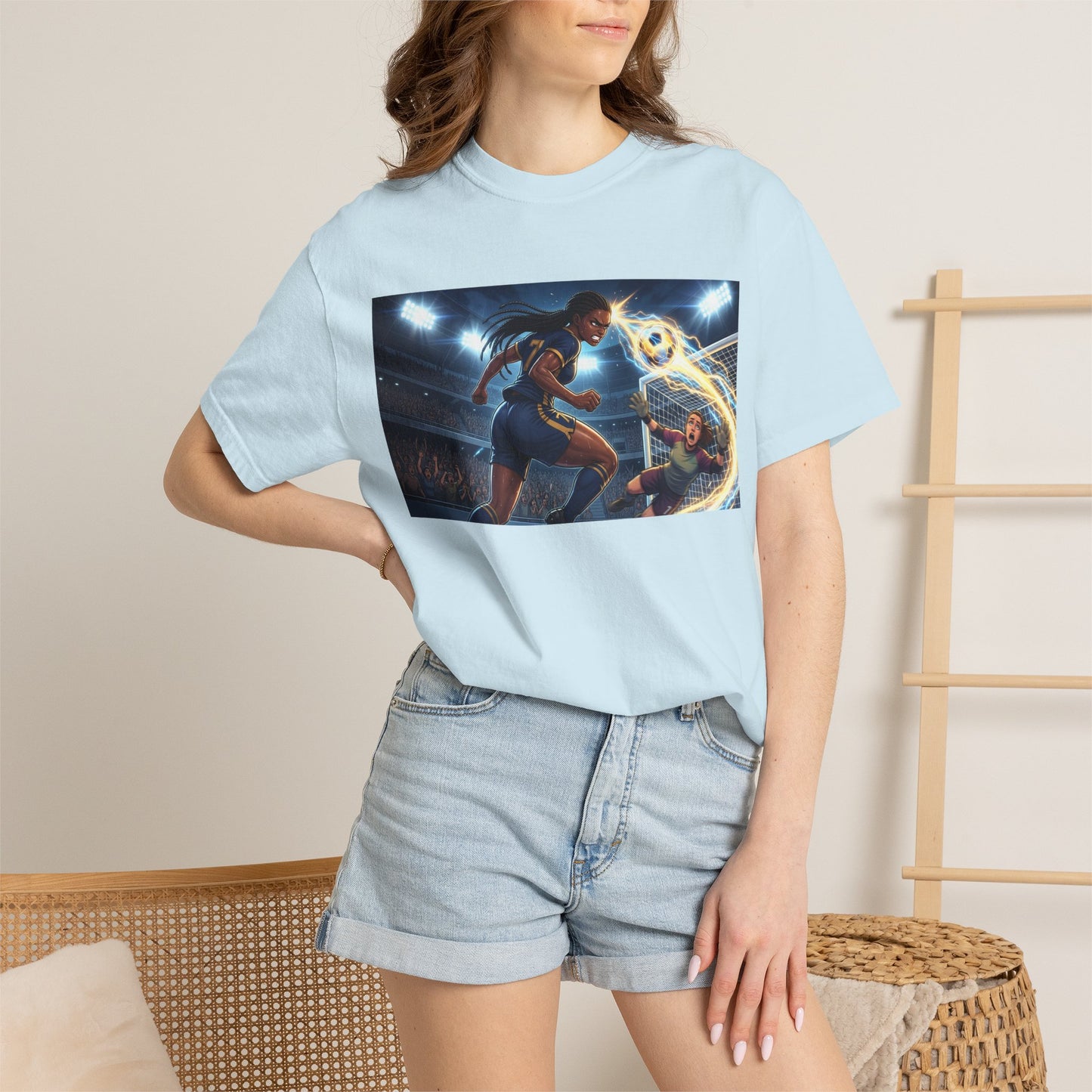 Soccer Duel Graphic T-Shirt — Futuristic Goalkeeper vs Striker Stadium Print