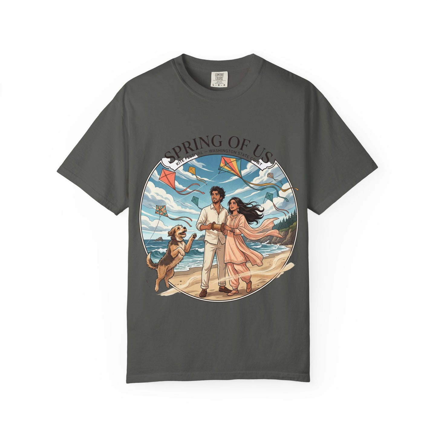 Spring of Us T-Shirt — Romantic Beach Couple Illustration with Dog