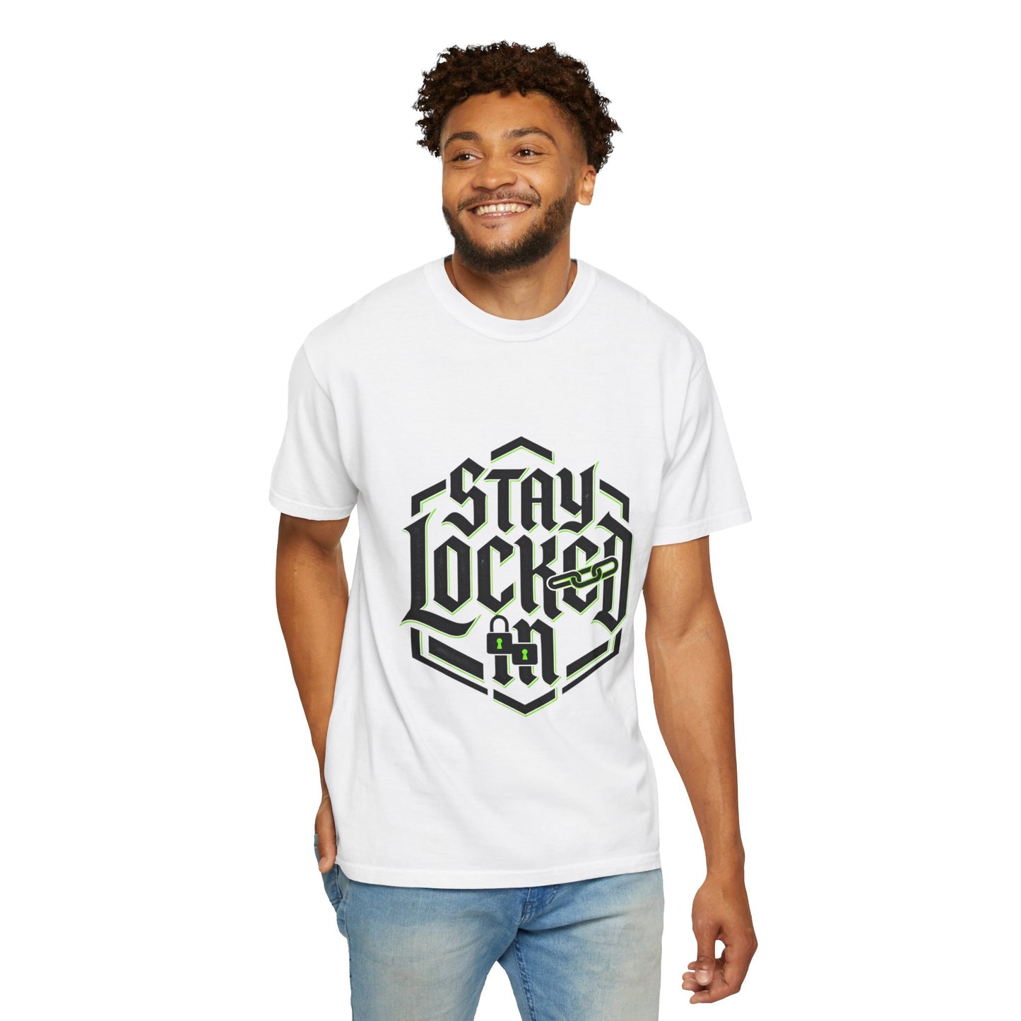 Stay Locked In T-Shirt — Bold Gothic Logo Tee