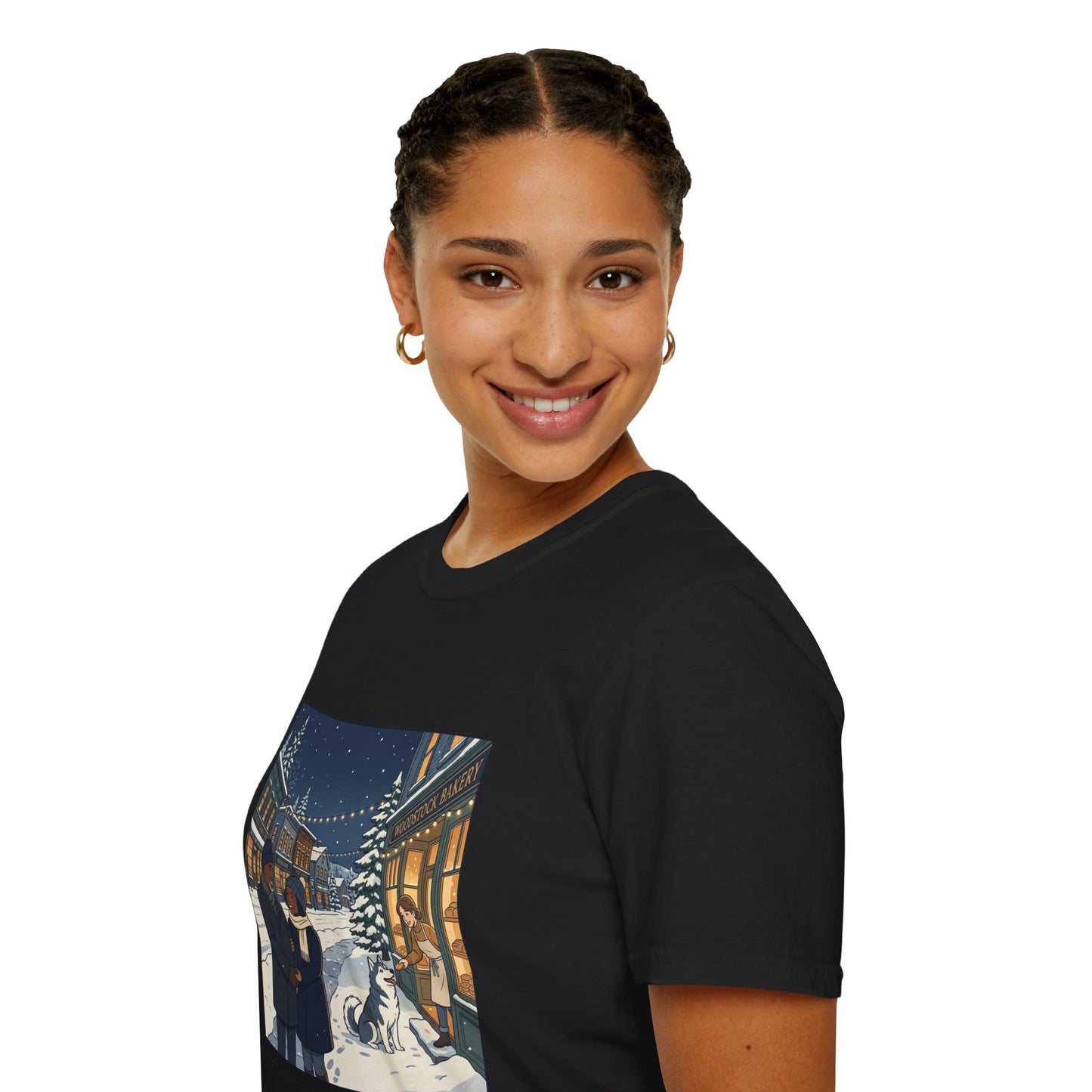 Winter String Lights Stroll T-Shirt — Cozy Holiday Street Scene Graphic Tee