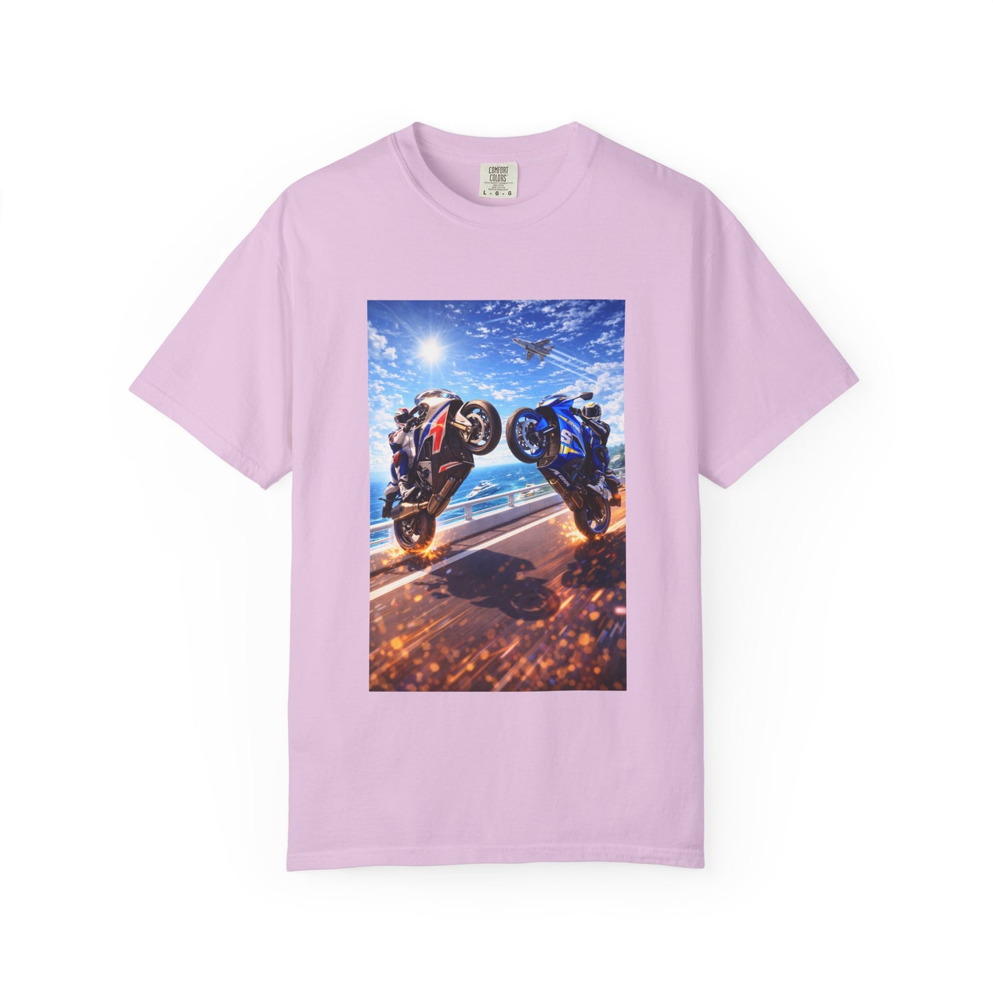 Stunt Riders Motorcycle T-Shirt — Two Bike Wheelie Racing Graphic Tee