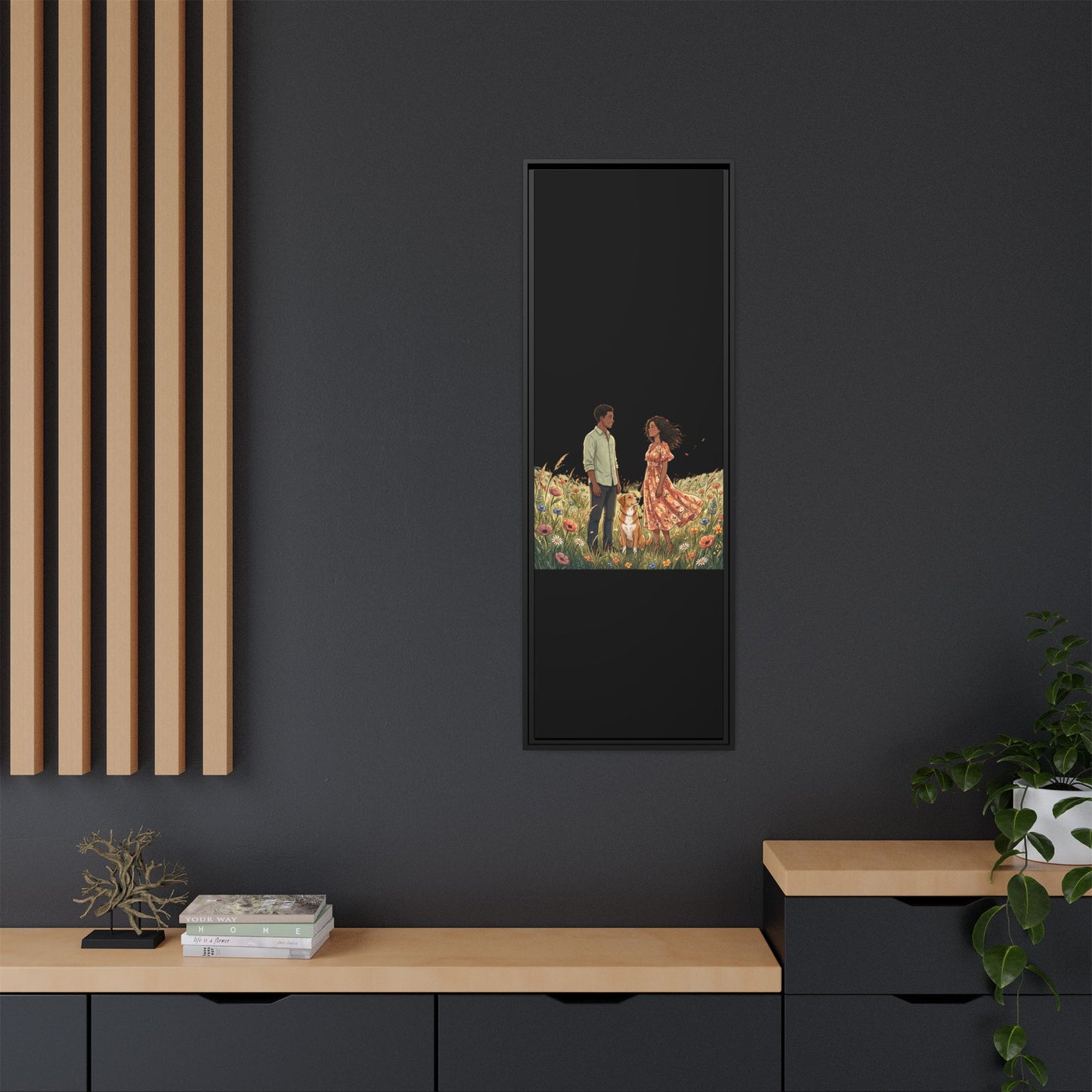 Framed Matte Canvas Print — Romantic Couple in Wildflower Field (Multi‑Color)