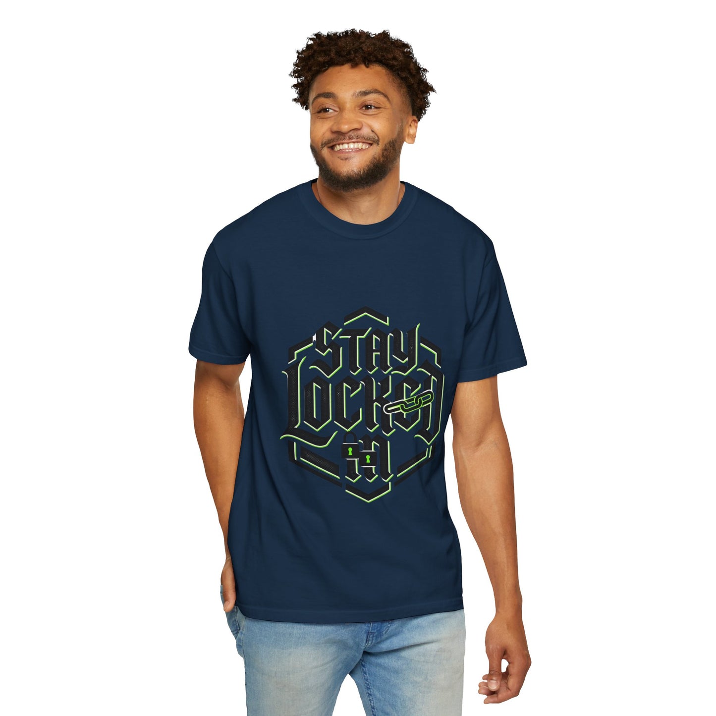 Stay Locked In T-Shirt — Bold Gothic Logo Tee