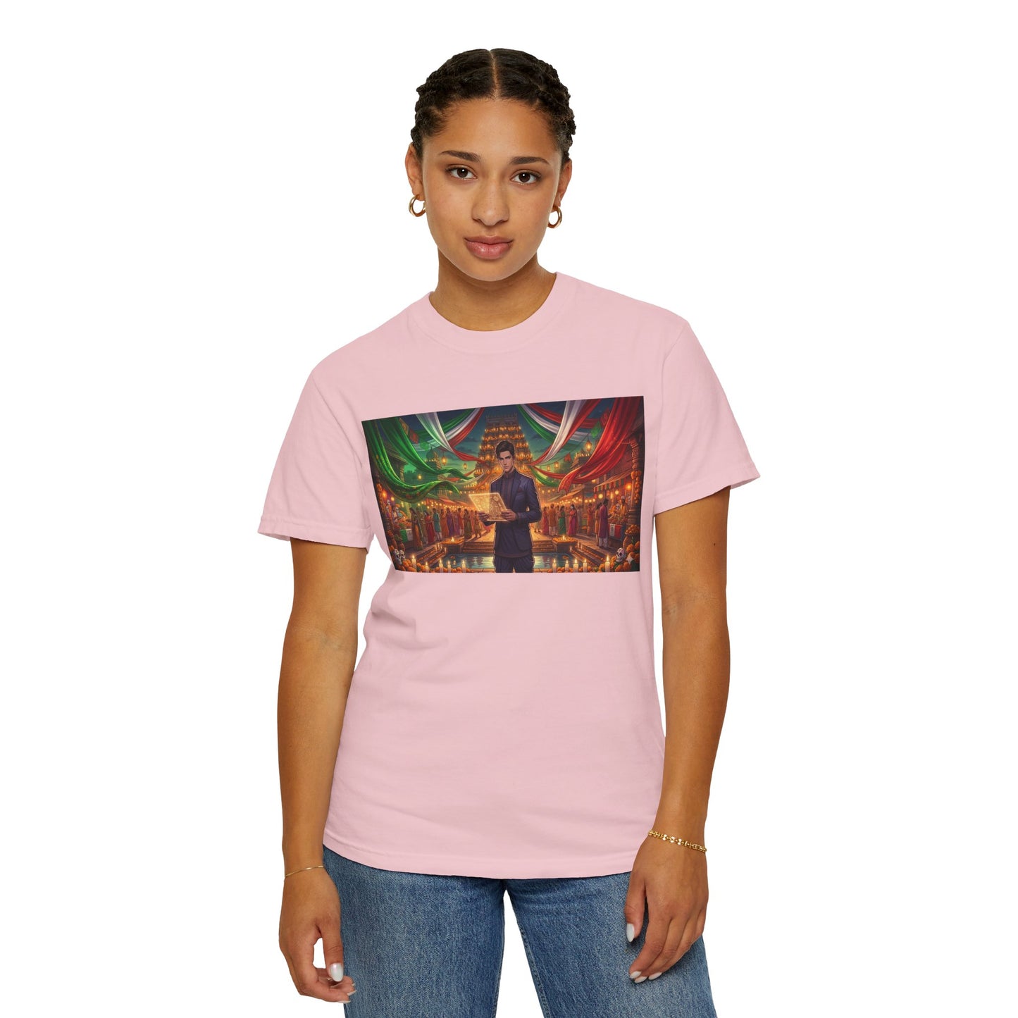 T-Shirt — Dragon Temple Night Scene Graphic Tee (Monk with Dragons)