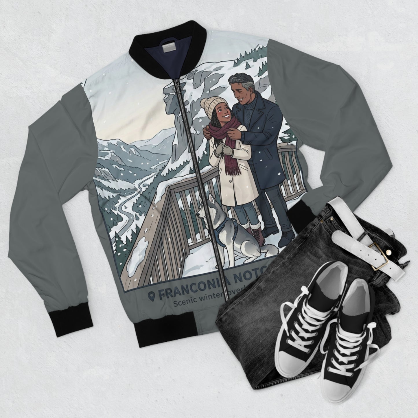 Couple in Snow Bomber Jacket — Winter Scenic AOP Outerwear
