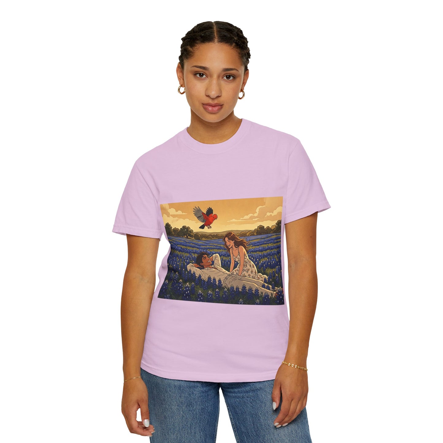 Romantic Bluebonnet Field T-Shirt — Couple in Wildflower Meadow Art Tee