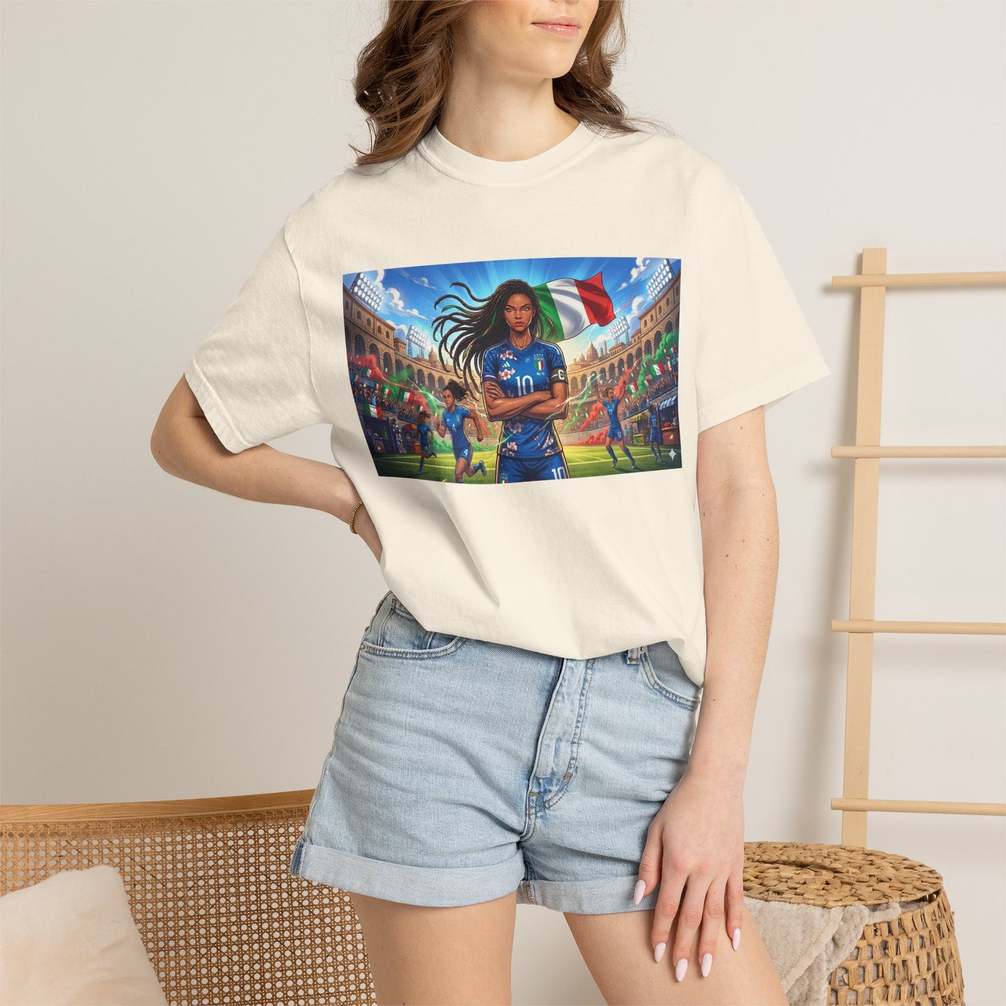 Italian Soccer Fan T‑Shirt – Inspirational Female Player with Italy Flag Stadium Print