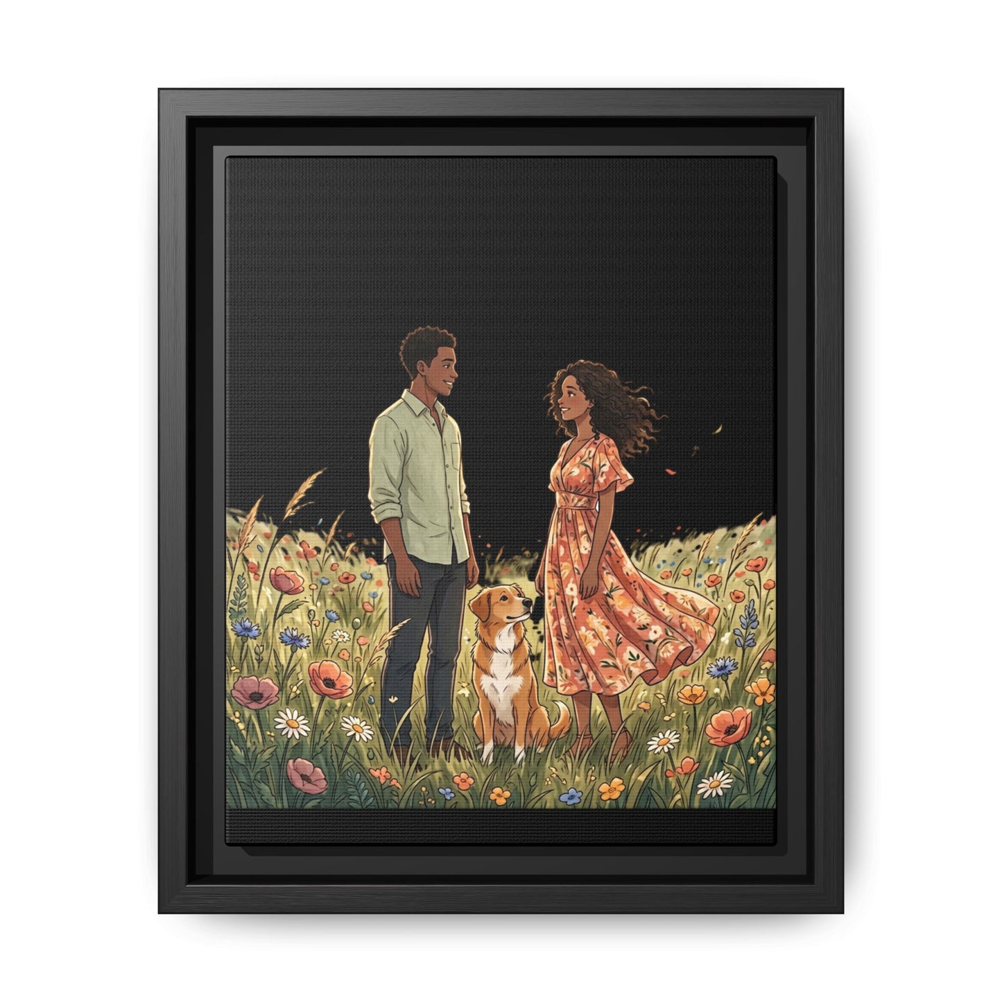 Framed Matte Canvas Print — Romantic Couple in Wildflower Field (Multi‑Color)