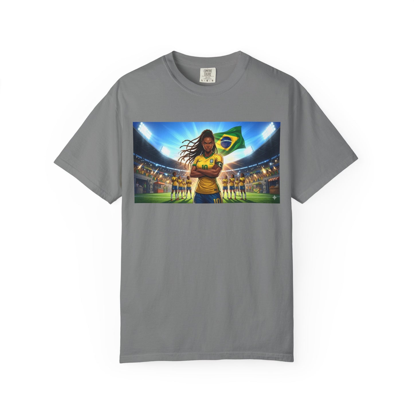 Brazil Soccer Captain T-Shirt — Player Holding Ball with Brazilian Flag Stadium Graphic