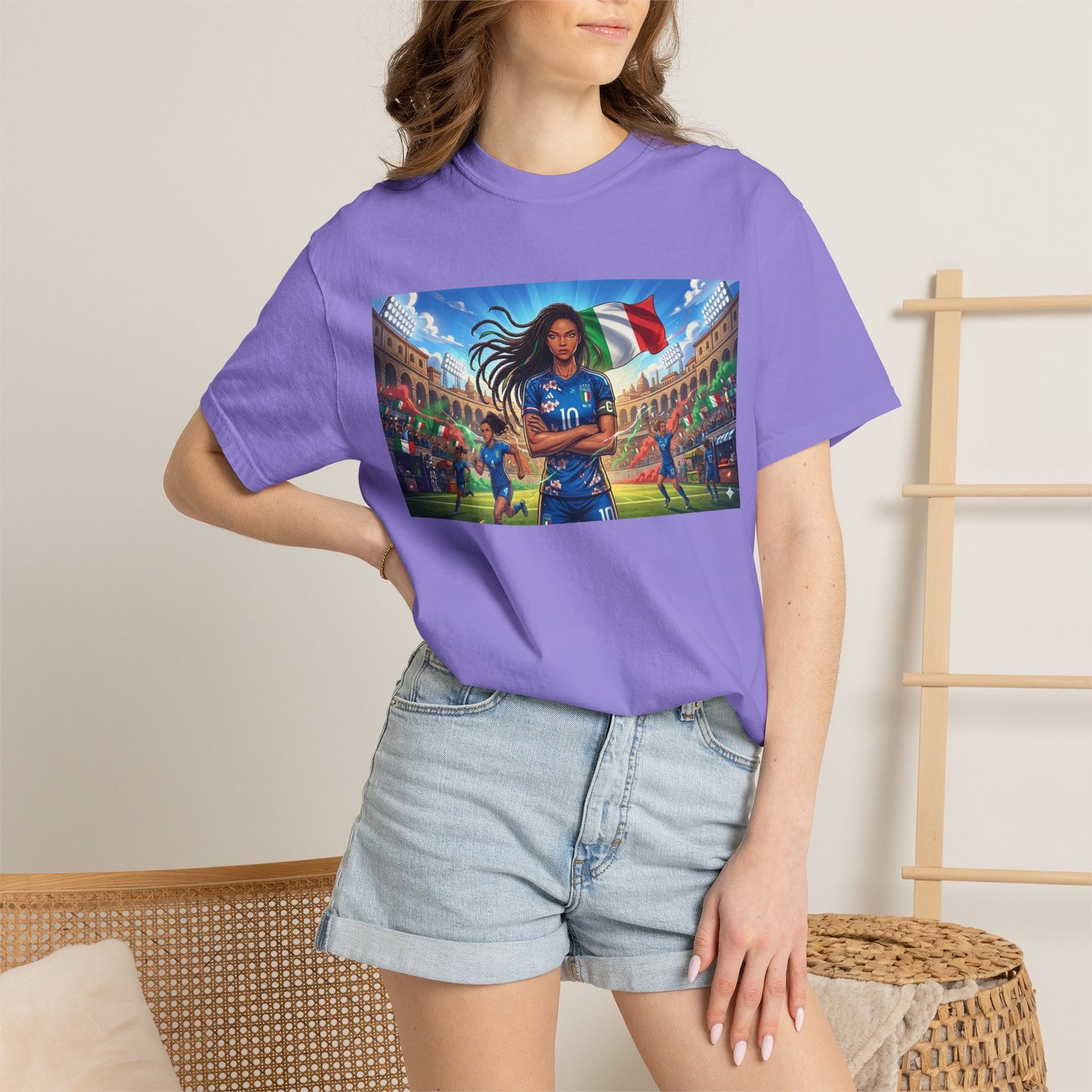Italian Soccer Fan T‑Shirt – Inspirational Female Player with Italy Flag Stadium Print