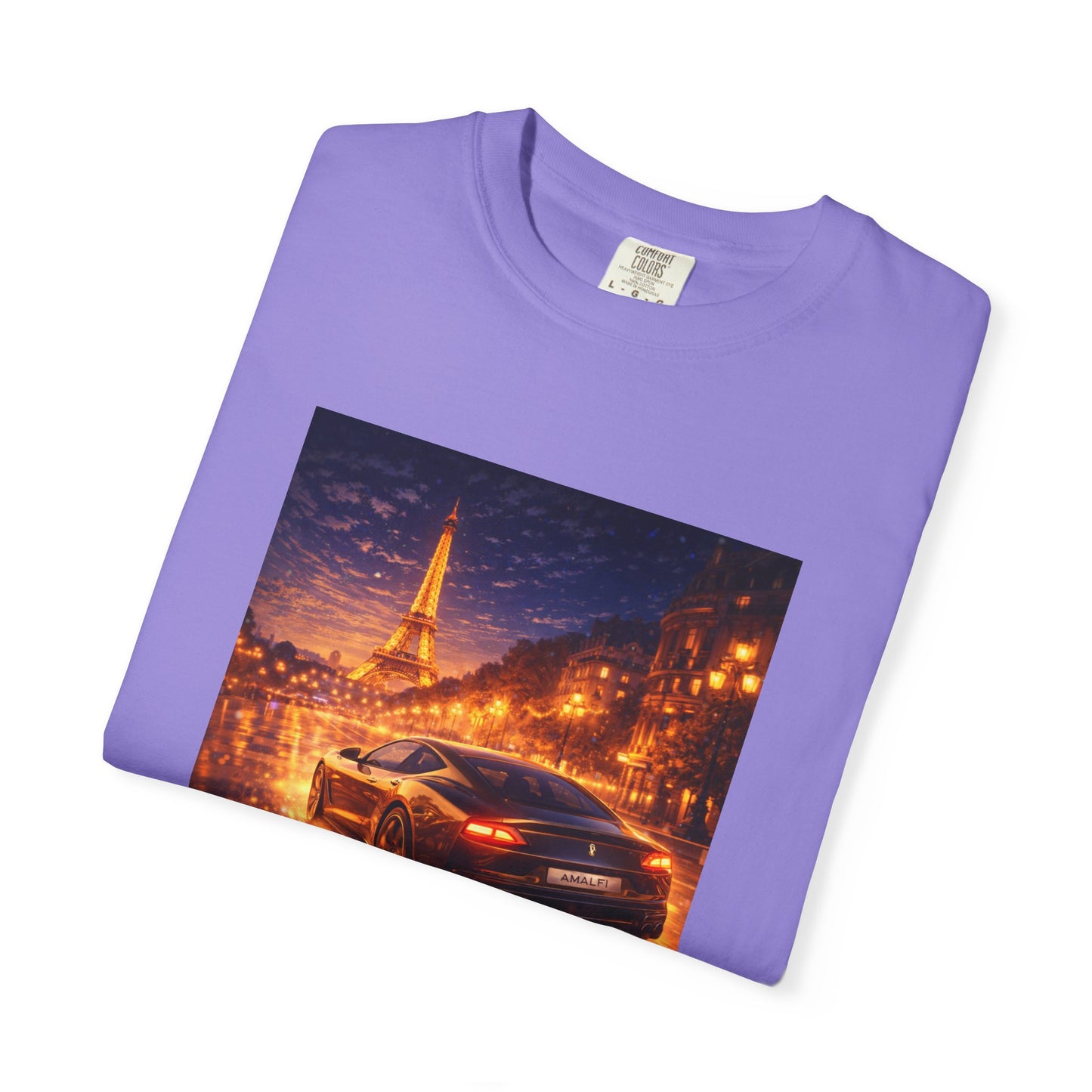 Paris Night Drive T-Shirt — Sports Car in Rainy Cityscape