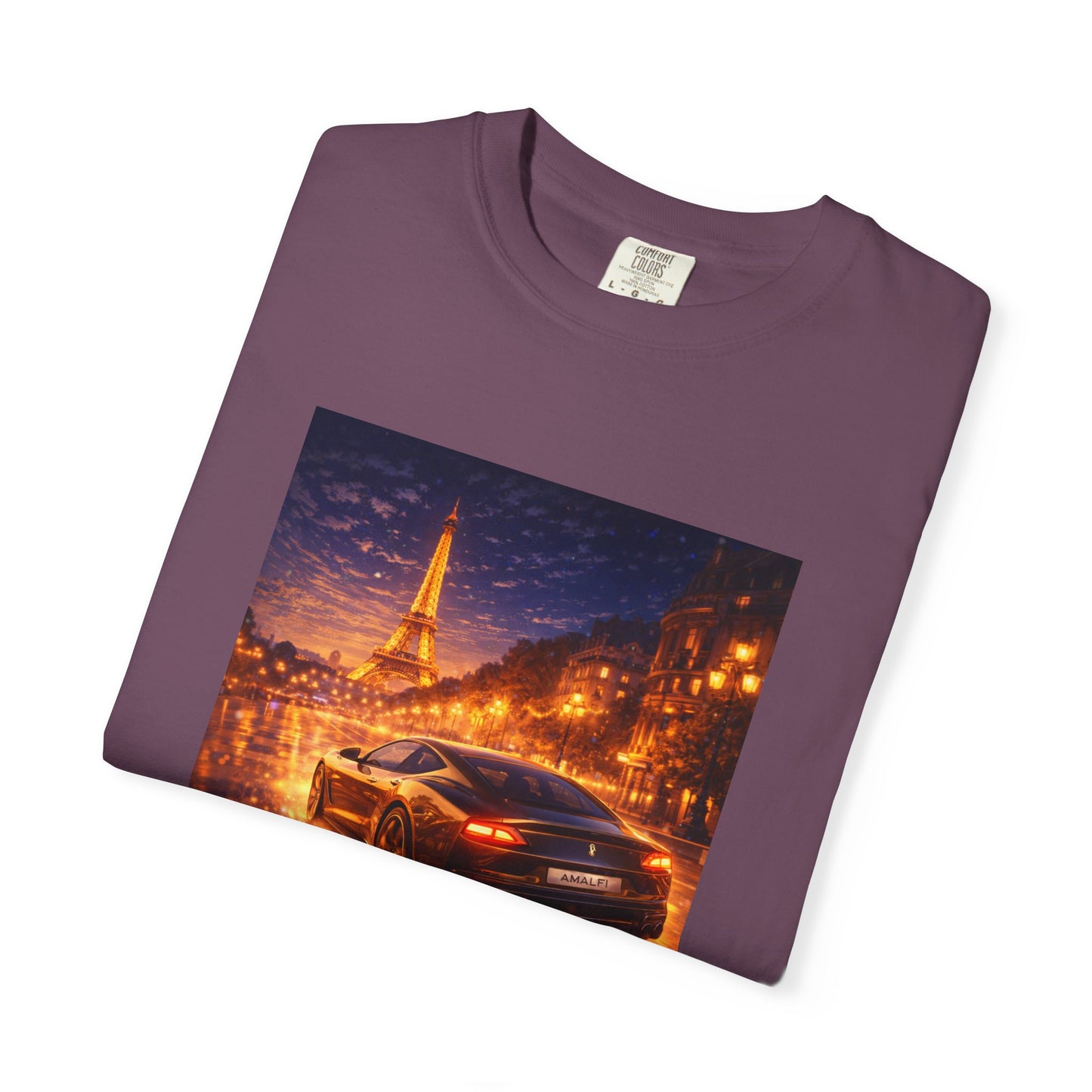 Paris Night Drive T-Shirt — Sports Car in Rainy Cityscape