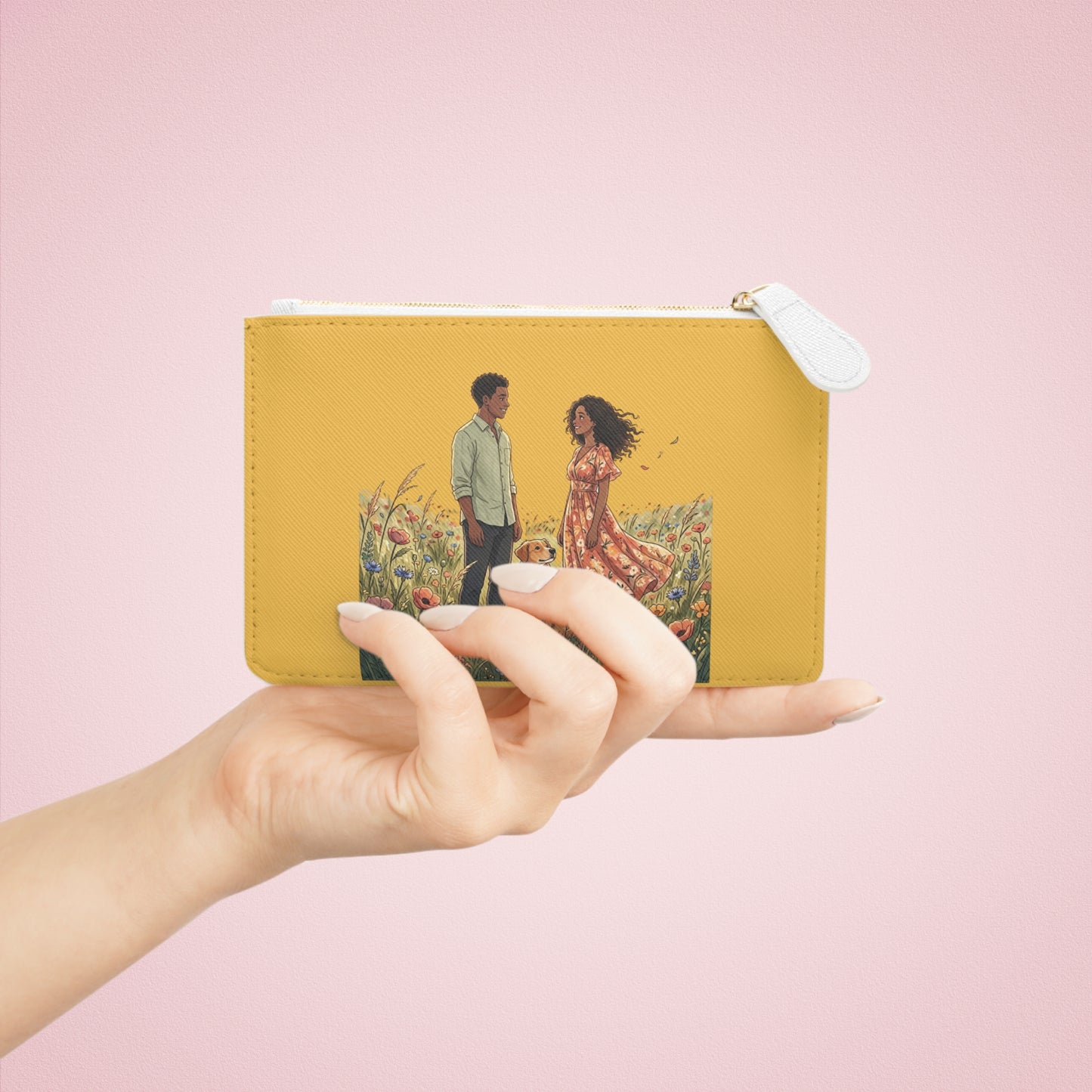 Mini Clutch Bag — Romantic Couple & Dog Illustration on Mustard