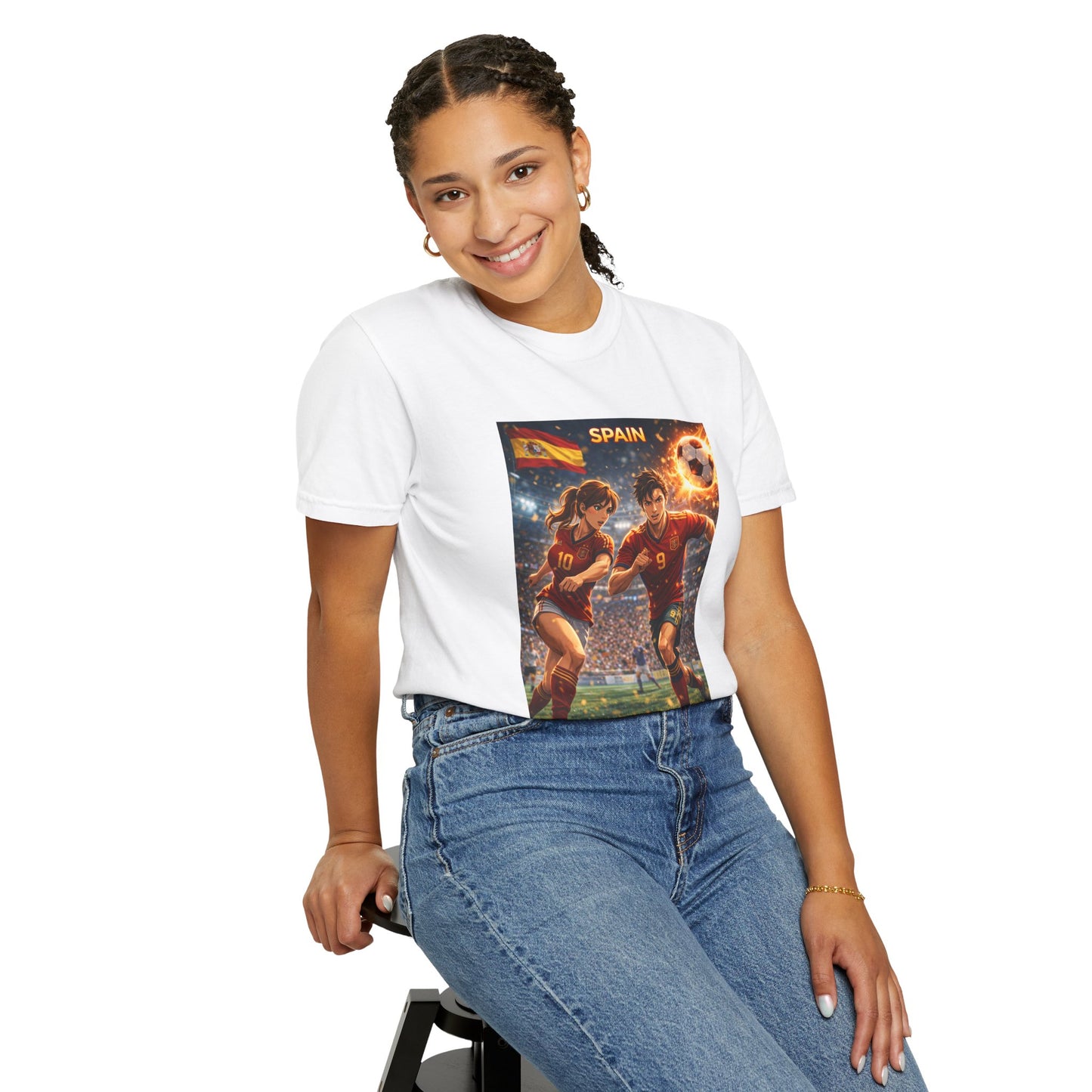 Spain Soccer Graphic T-Shirt — Retro Match Scene with Flag