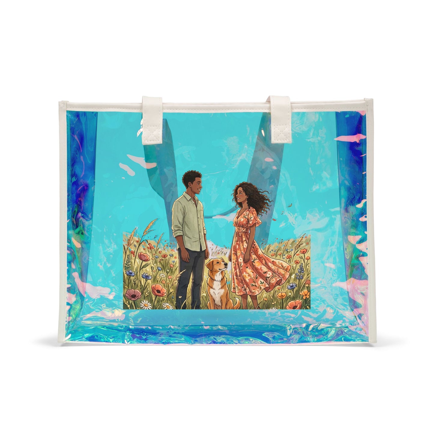 Holographic Beach Tote Bag – Romantic Couple Illustration