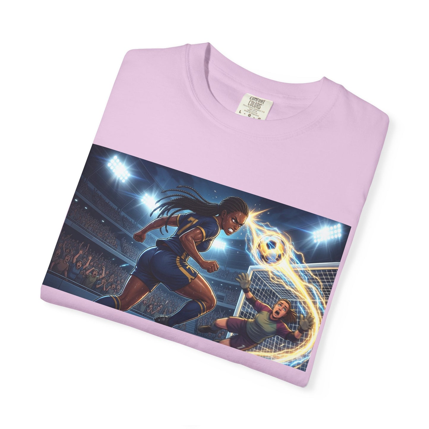 Soccer Duel Graphic T-Shirt — Futuristic Goalkeeper vs Striker Stadium Print