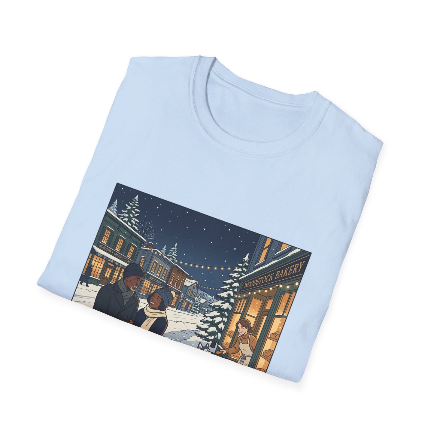 Winter String Lights Stroll T-Shirt — Cozy Holiday Street Scene Graphic Tee