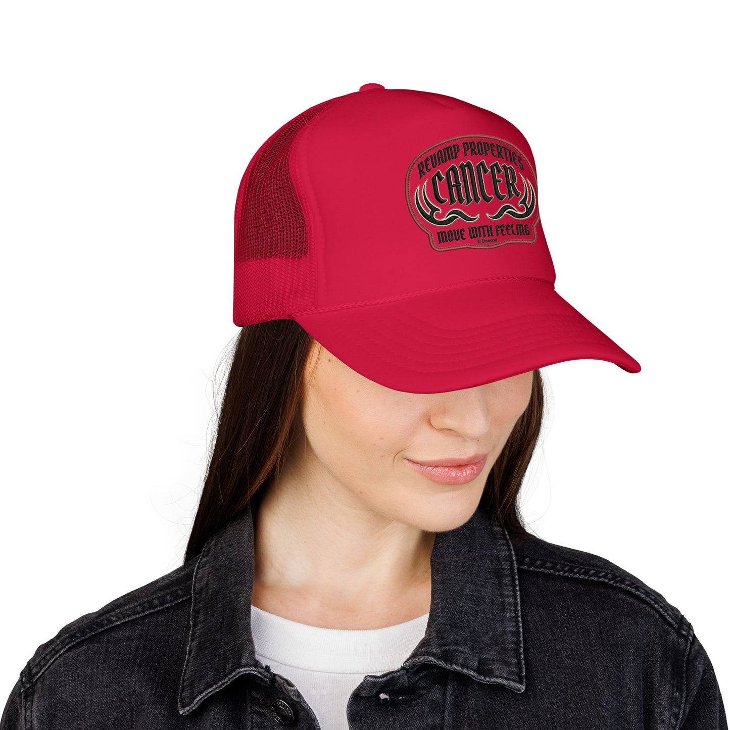 Cancer Zodiac Trucker Hat — Vintage Embroidered Skull & Crab Design
