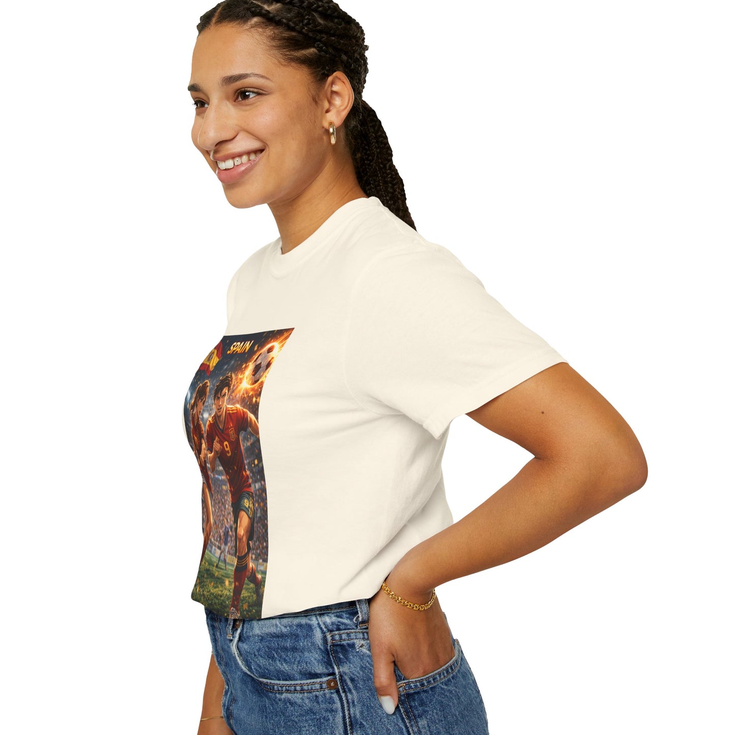 Spain Soccer Graphic T-Shirt — Retro Match Scene with Flag