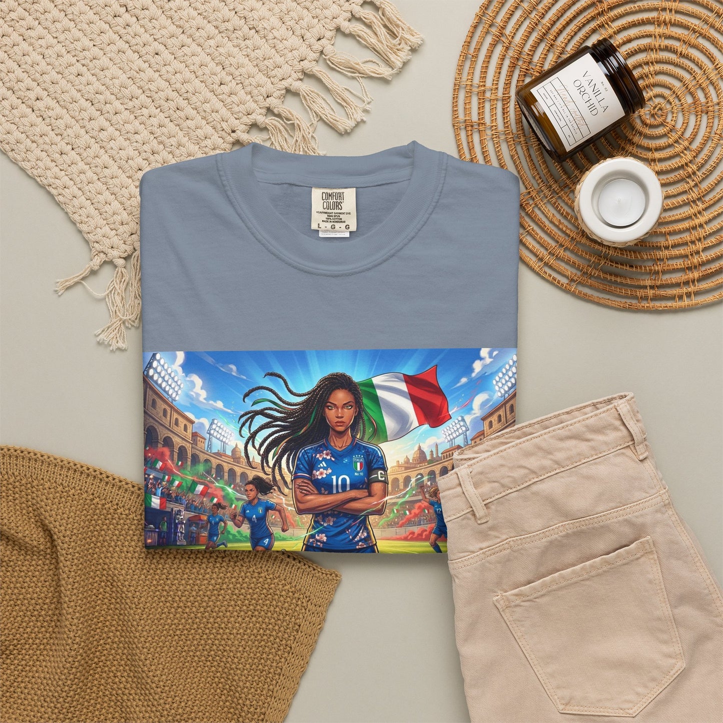 Italian Soccer Fan T‑Shirt – Inspirational Female Player with Italy Flag Stadium Print