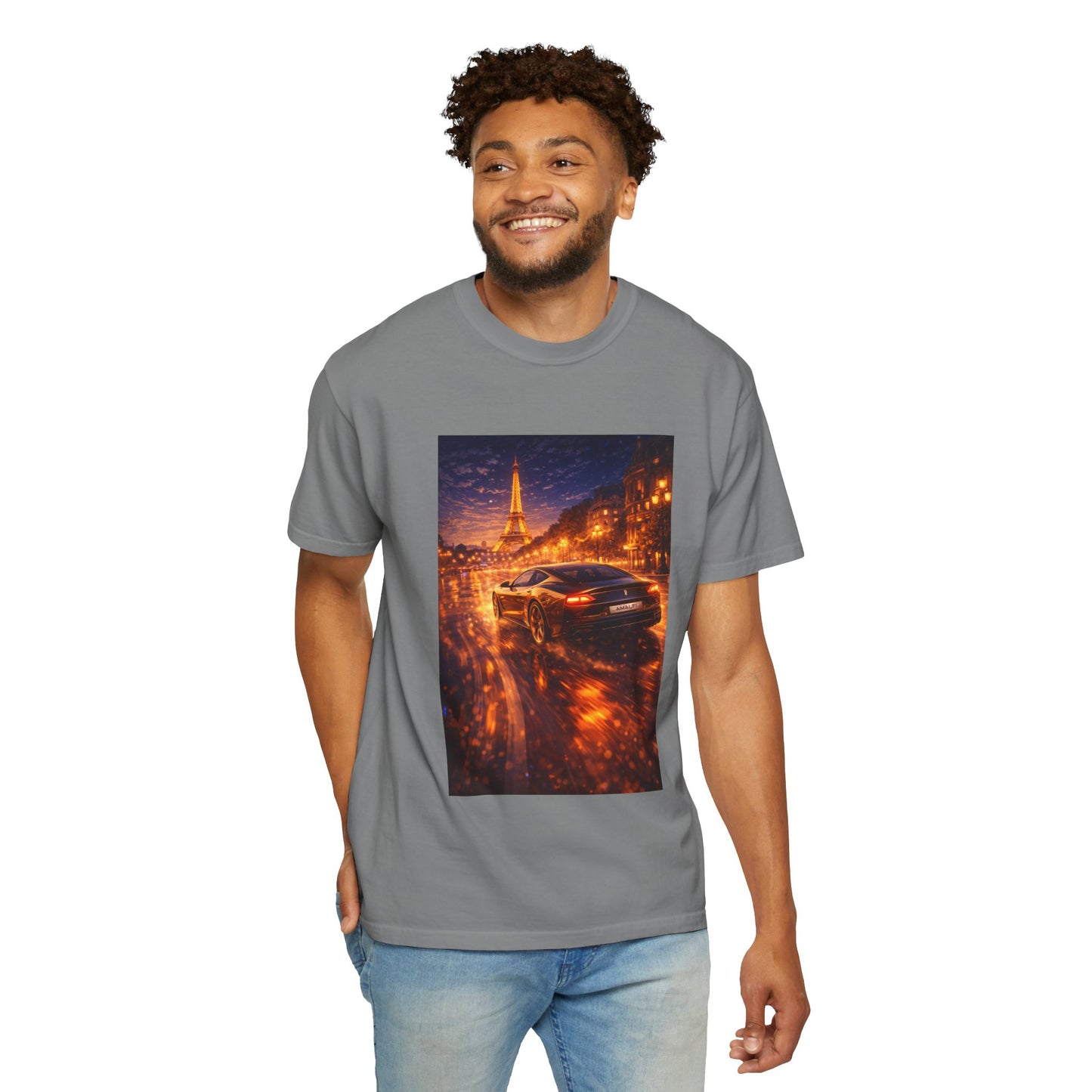 Paris Night Drive T-Shirt — Sports Car in Rainy Cityscape
