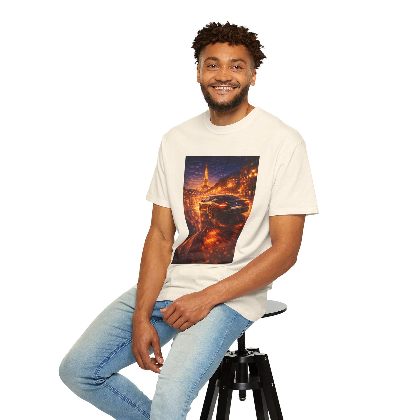 Paris Night Drive T-Shirt — Sports Car in Rainy Cityscape