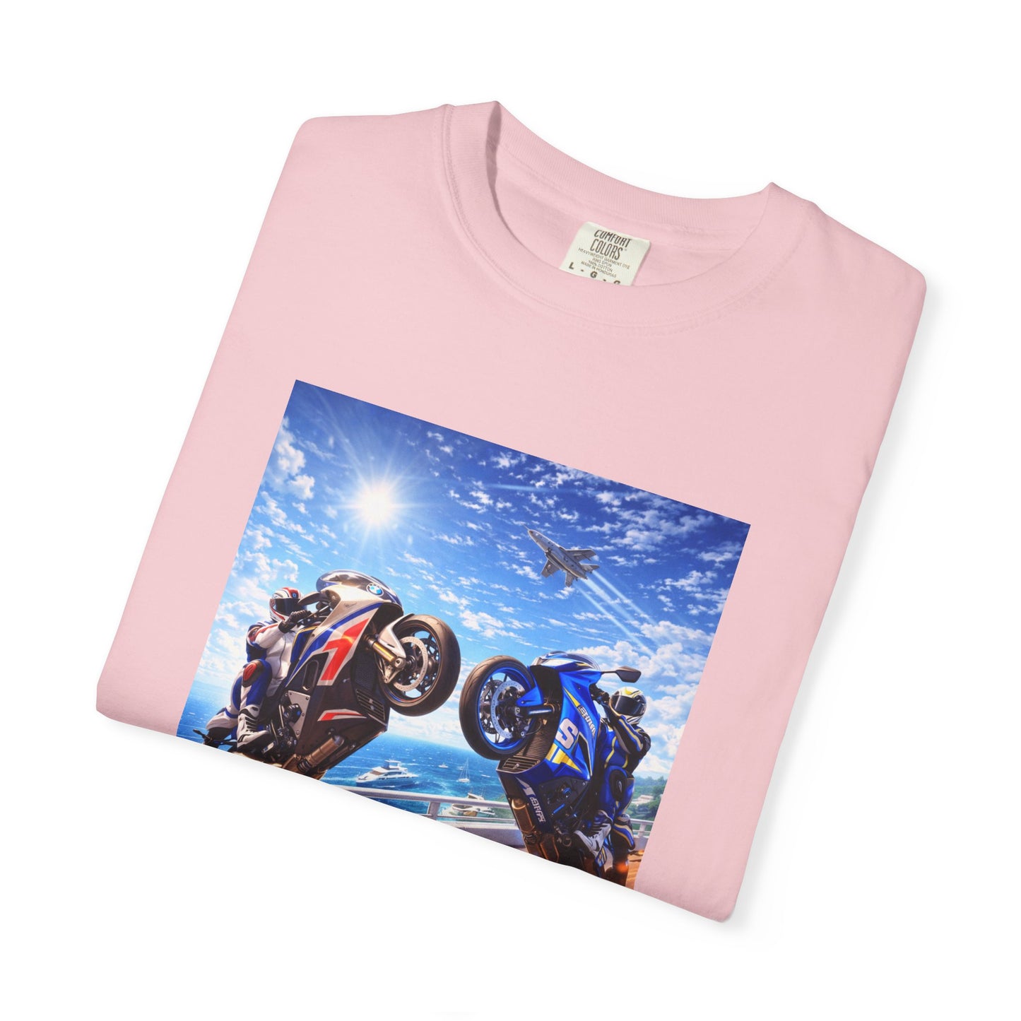 Stunt Riders Motorcycle T-Shirt — Two Bike Wheelie Racing Graphic Tee