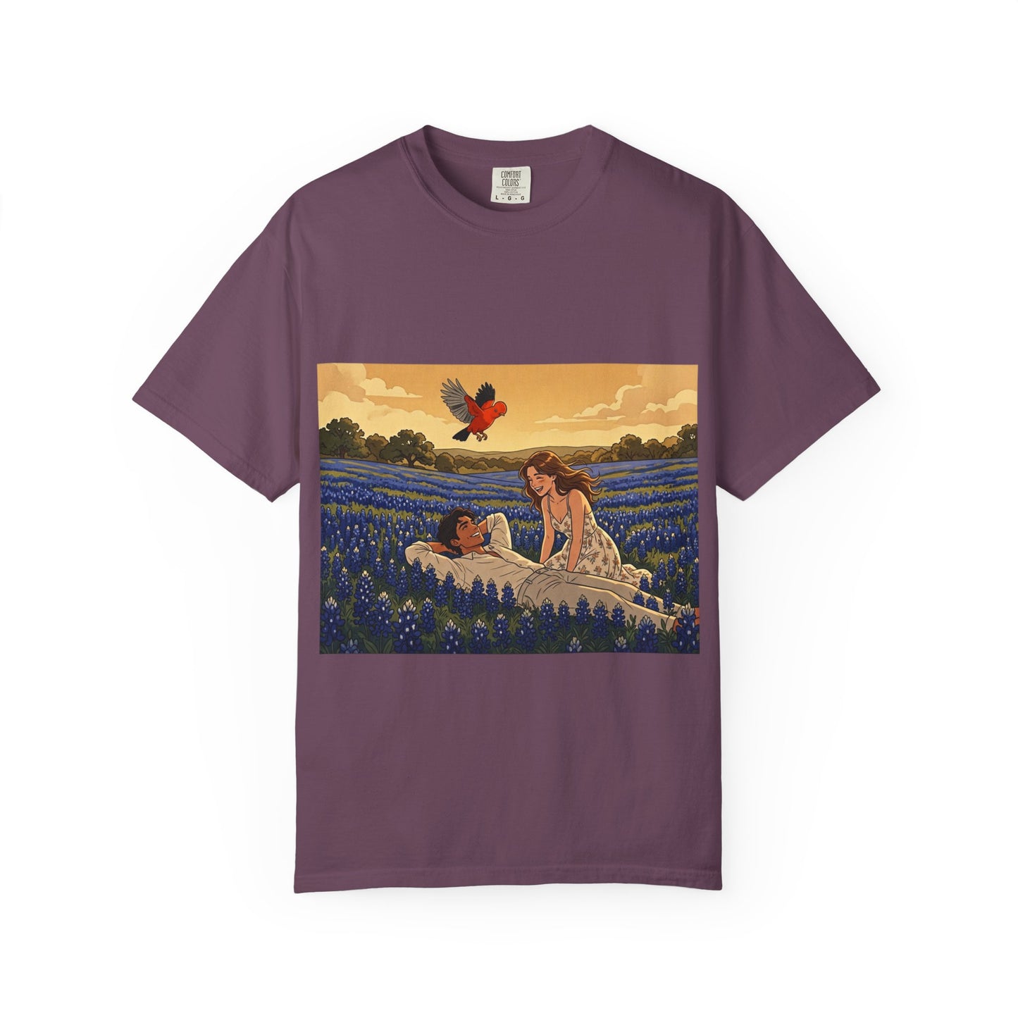 Romantic Bluebonnet Field T-Shirt — Couple in Wildflower Meadow Art Tee