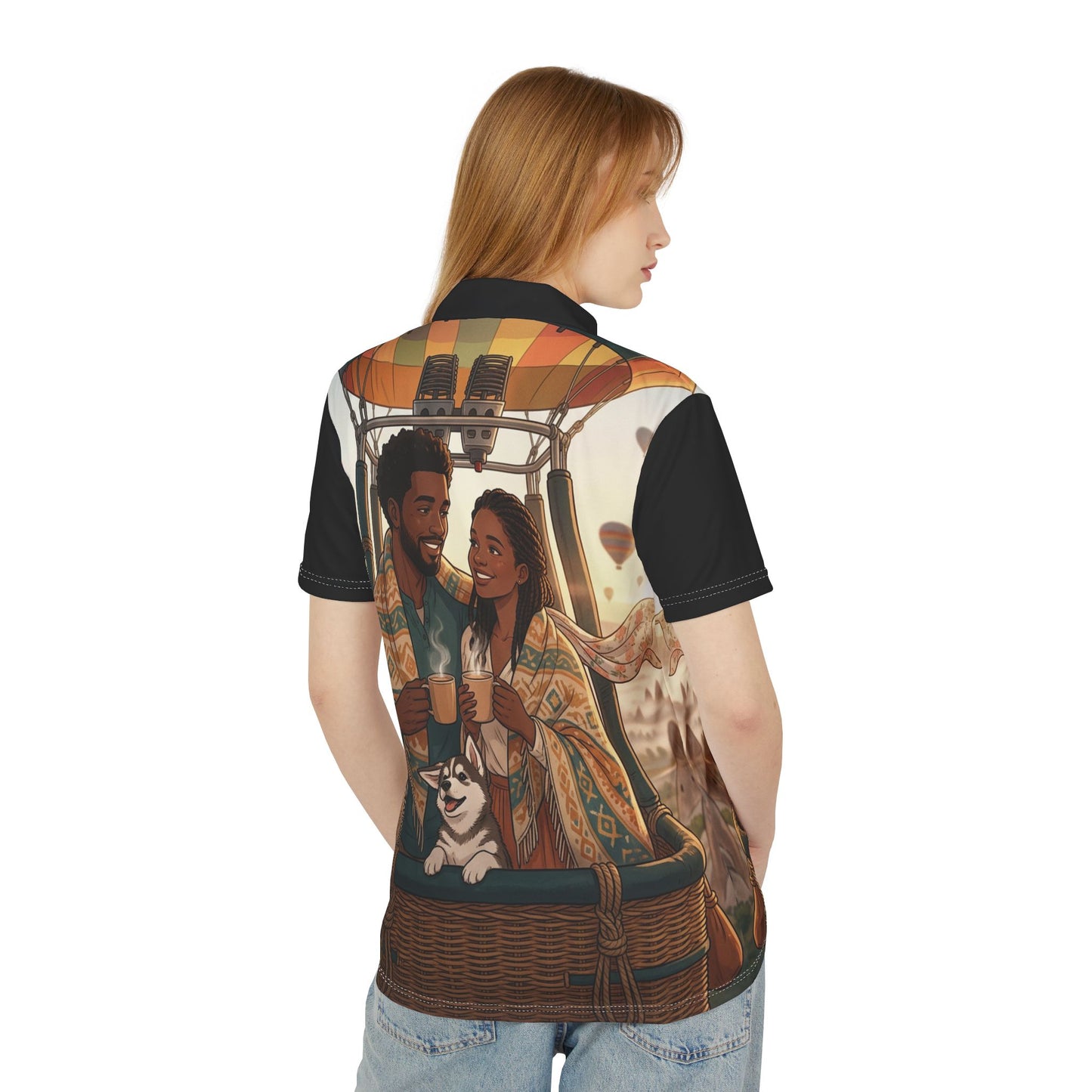 Hot Air Balloon Couple Polo Shirt – Romantic Scenic Travel Graphic Polo