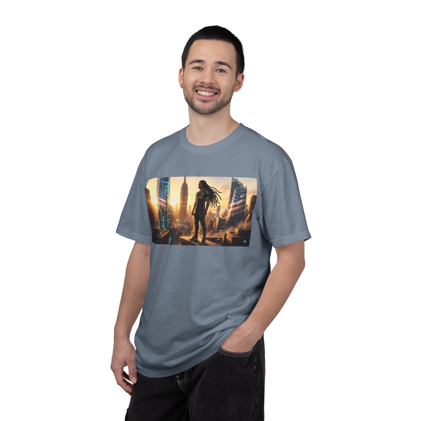 Cyberpunk Cityscape T-Shirt — Silhouette Hero at Sunset