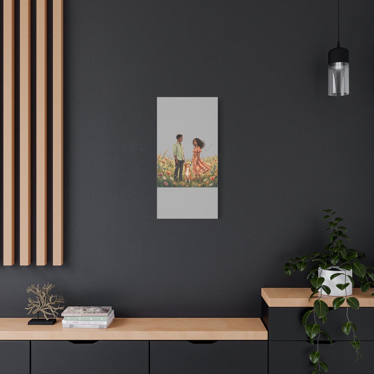 Romantic Couple in Wildflower Field Canvas Art — Black Love Wall Decor with Dog