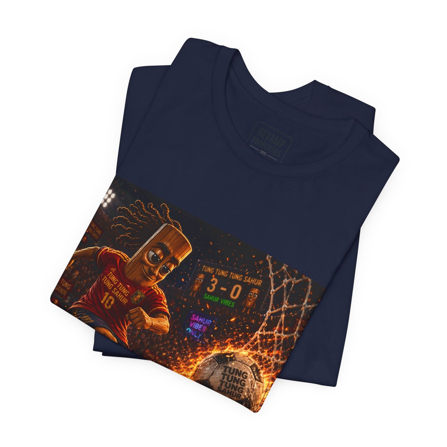 Tung Tung Tung Sahur Soccer Kick Firestorm Graphic Tee — ‘Goal’ Animated Kick Design