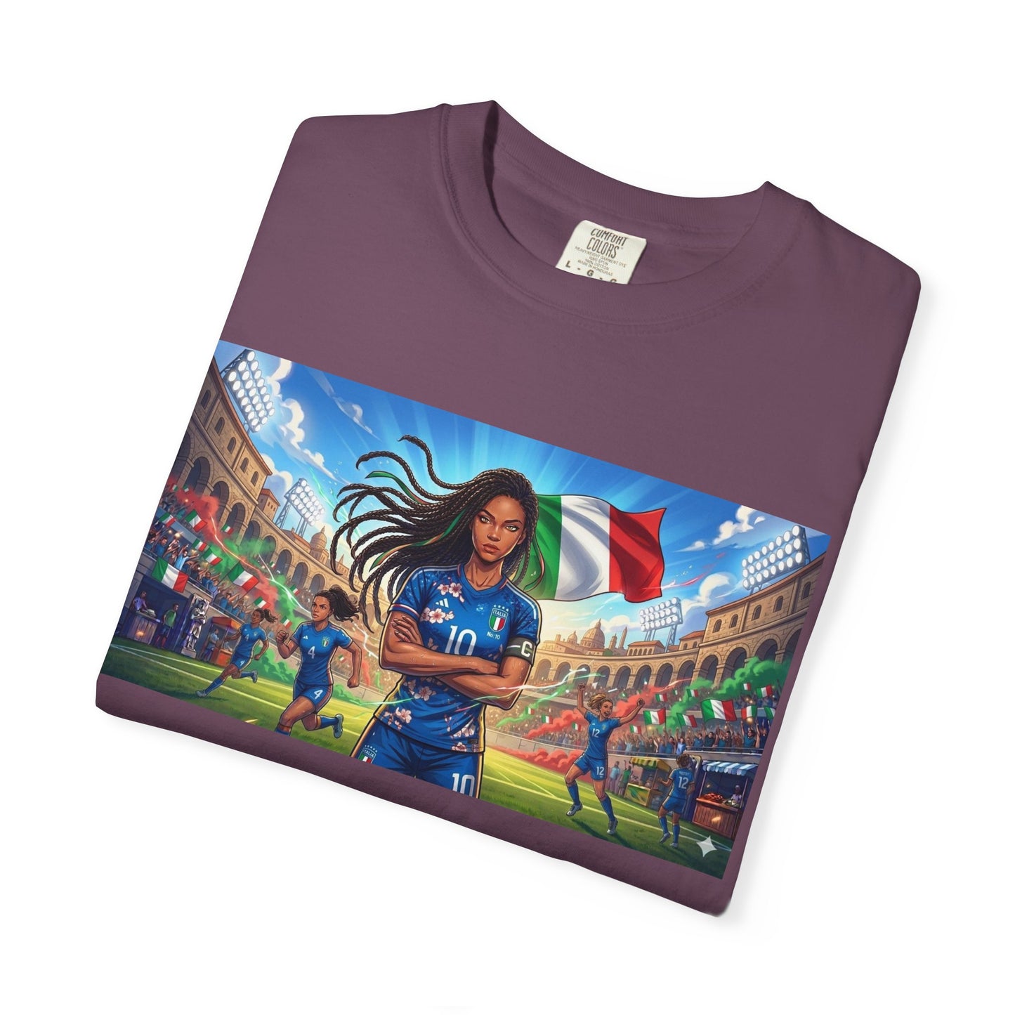 Italian Soccer Fan T‑Shirt – Inspirational Female Player with Italy Flag Stadium Print