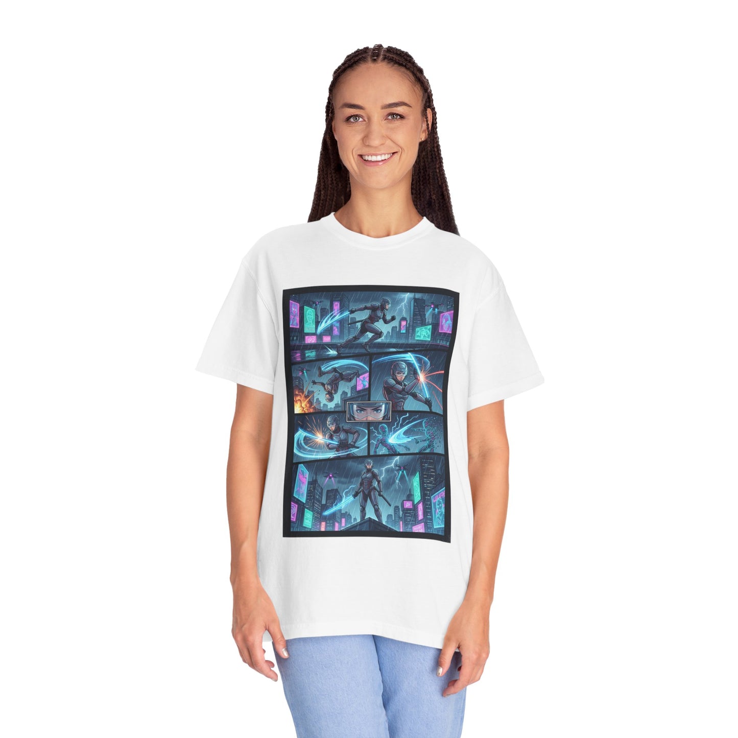 Cyberpunk Girl Samurai T-Shirt — Neon Manga Panel Graphic Tee
