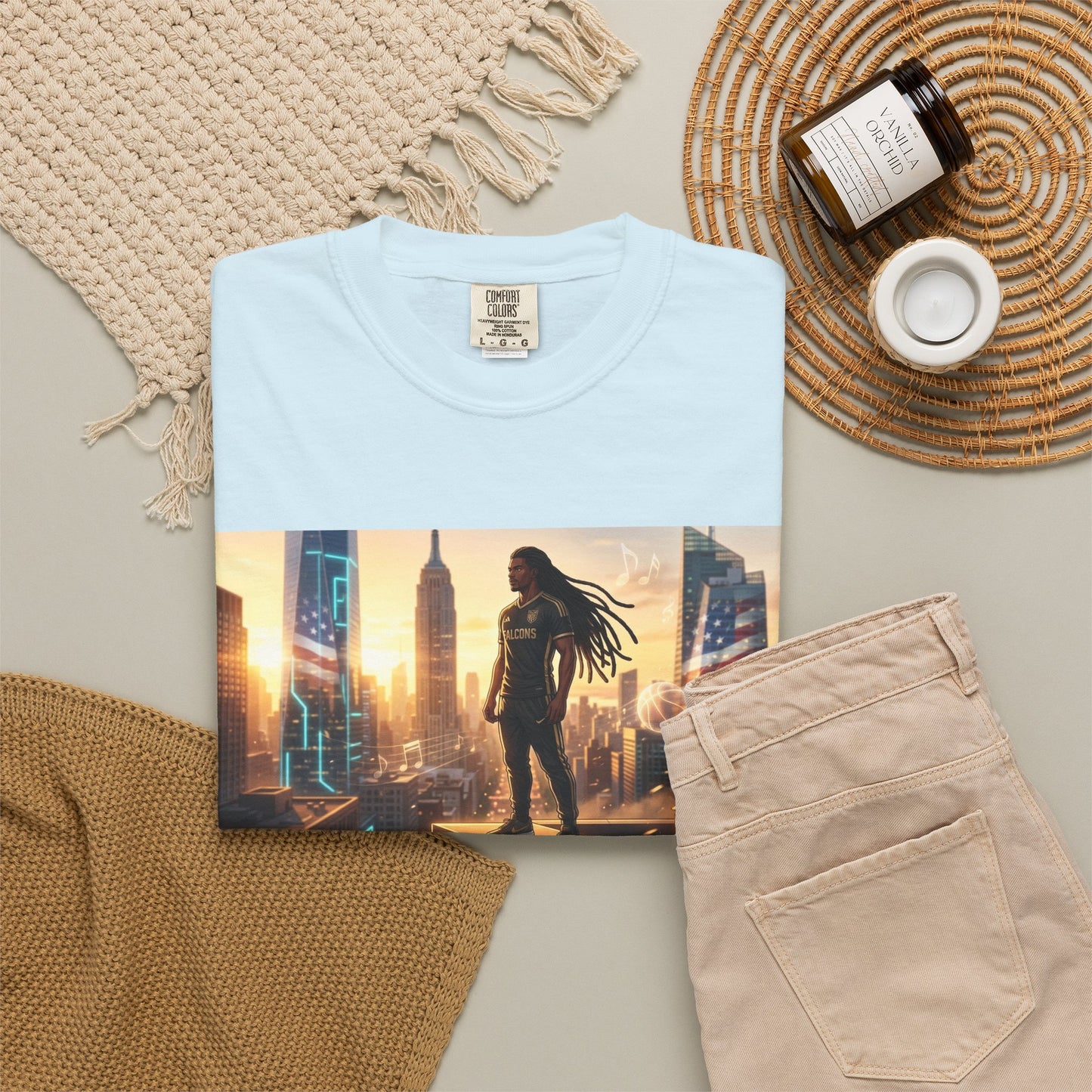 Cyberpunk Cityscape T-Shirt — Silhouette Hero at Sunset