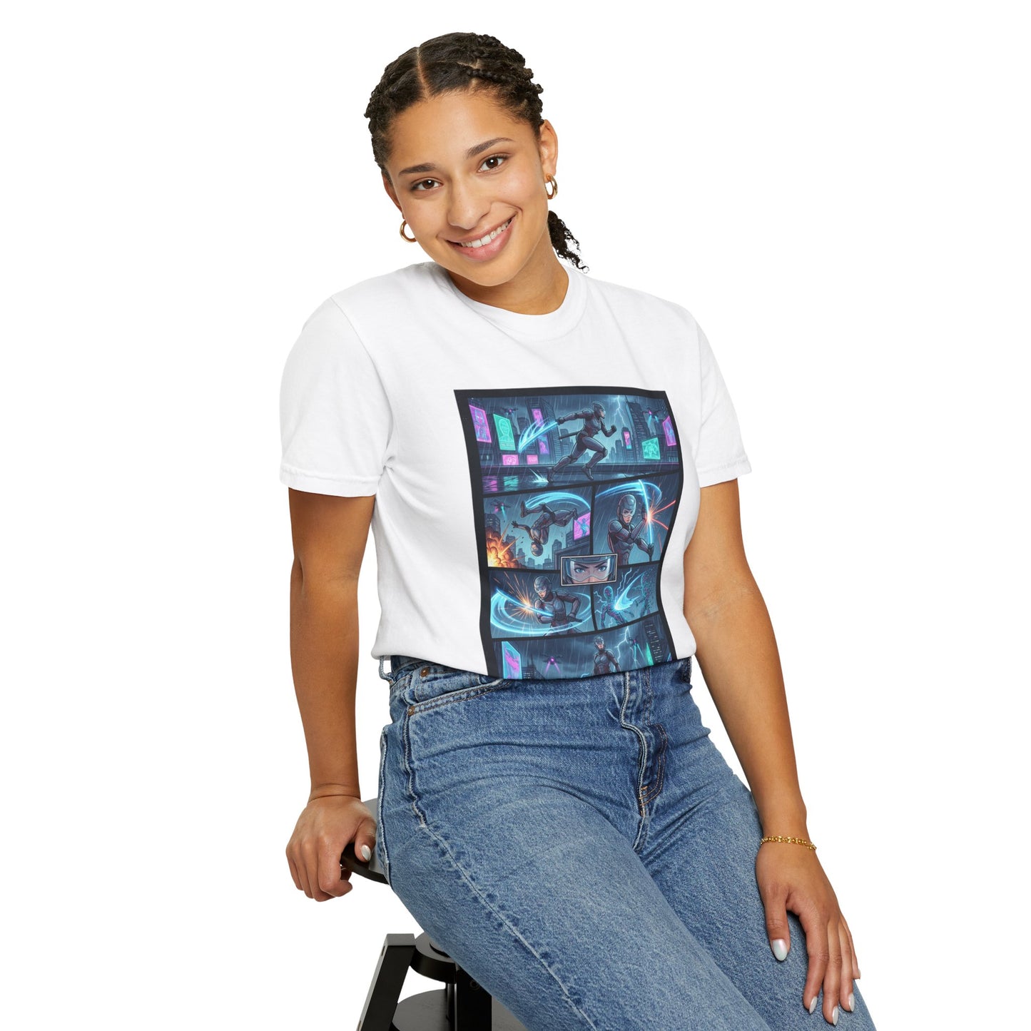 Cyberpunk Girl Samurai T-Shirt — Neon Manga Panel Graphic Tee